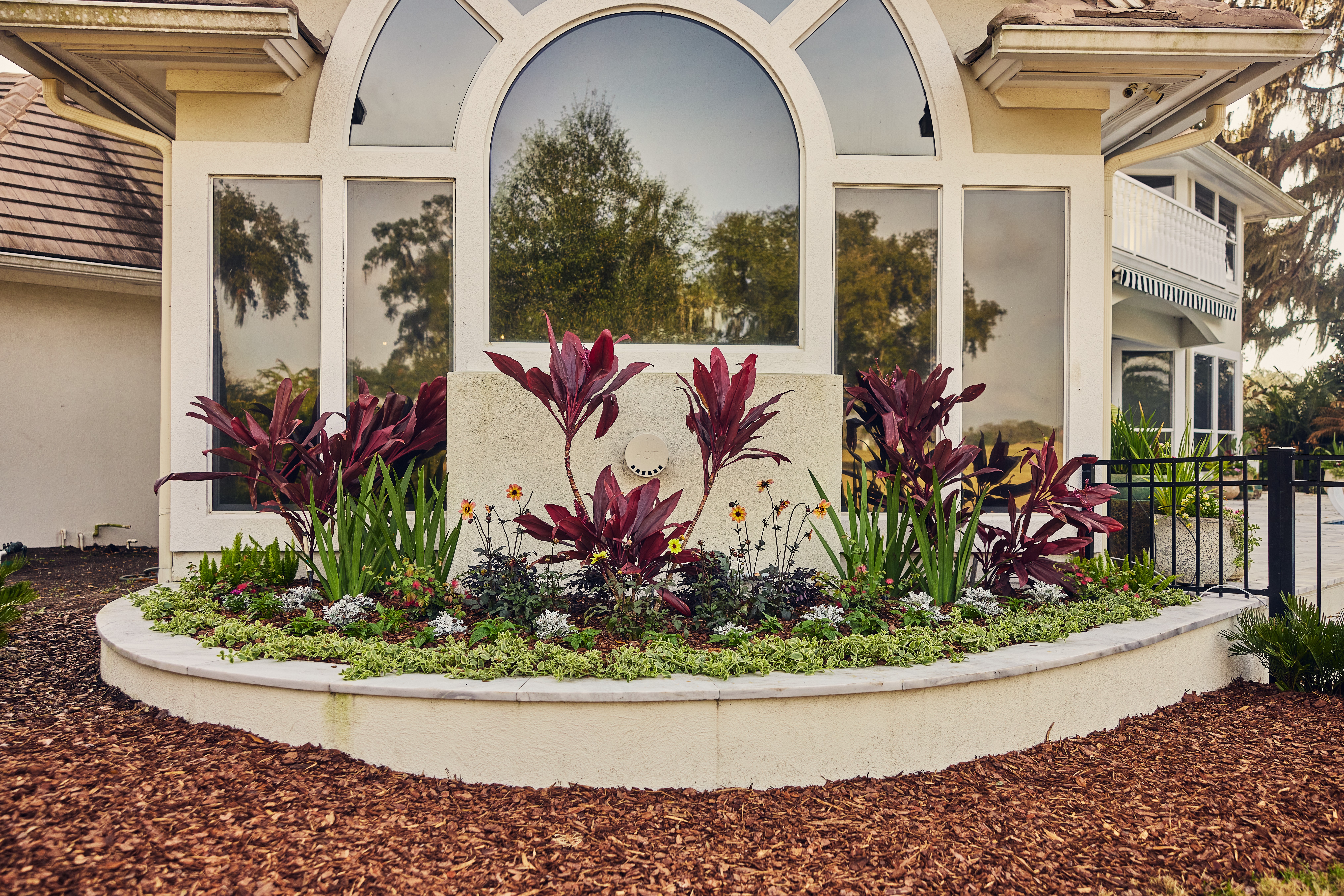 Flower bed with purple and green plants in front of a building with large arched window and white trim.