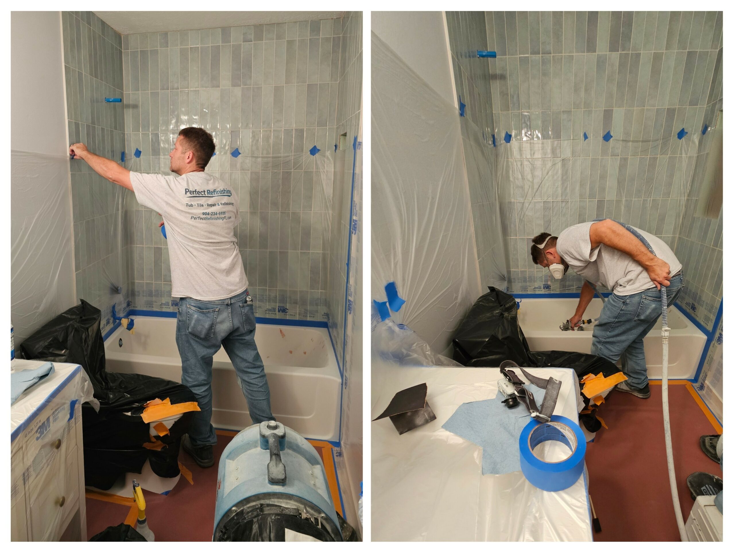 Two men installing tiles on a bathroom wall, one reaching high, the other bending down, with tools and supplies nearby.