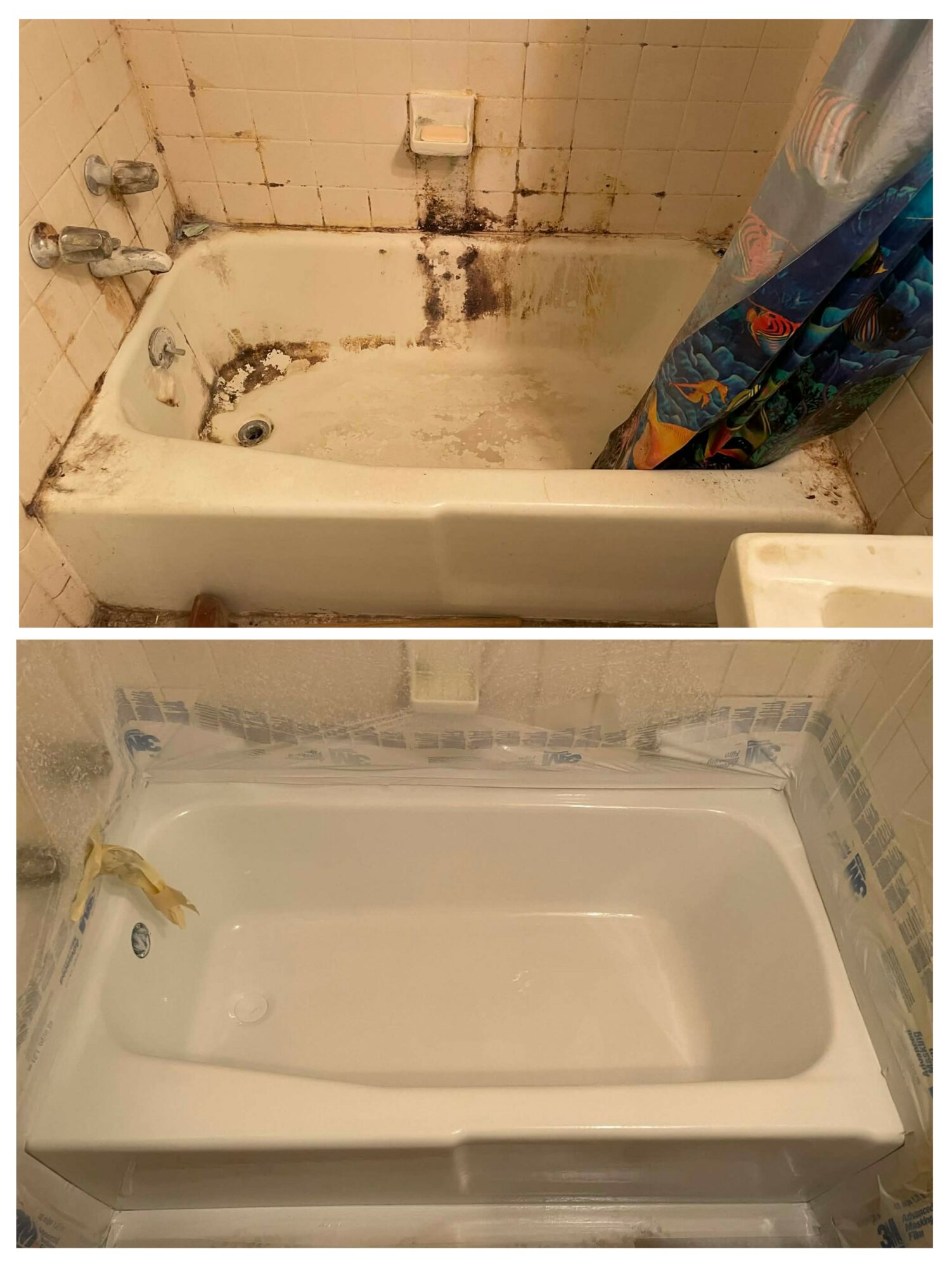 Before and after images of a bathtub, showing cleaning and renovation progress.
