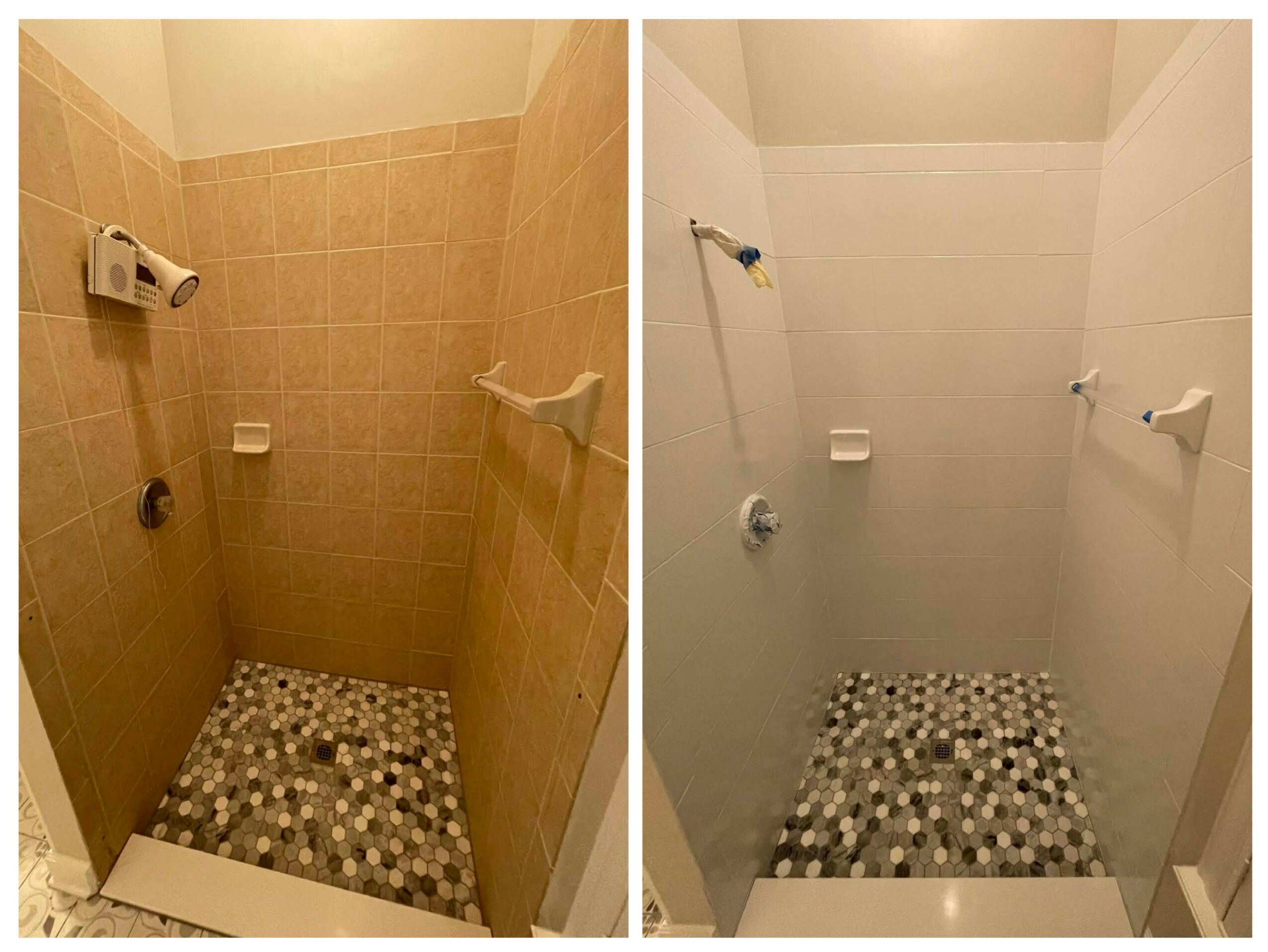 Before and after shower renovation, showing tiled walls and mosaic floor, with new white wall tiles and fixtures.