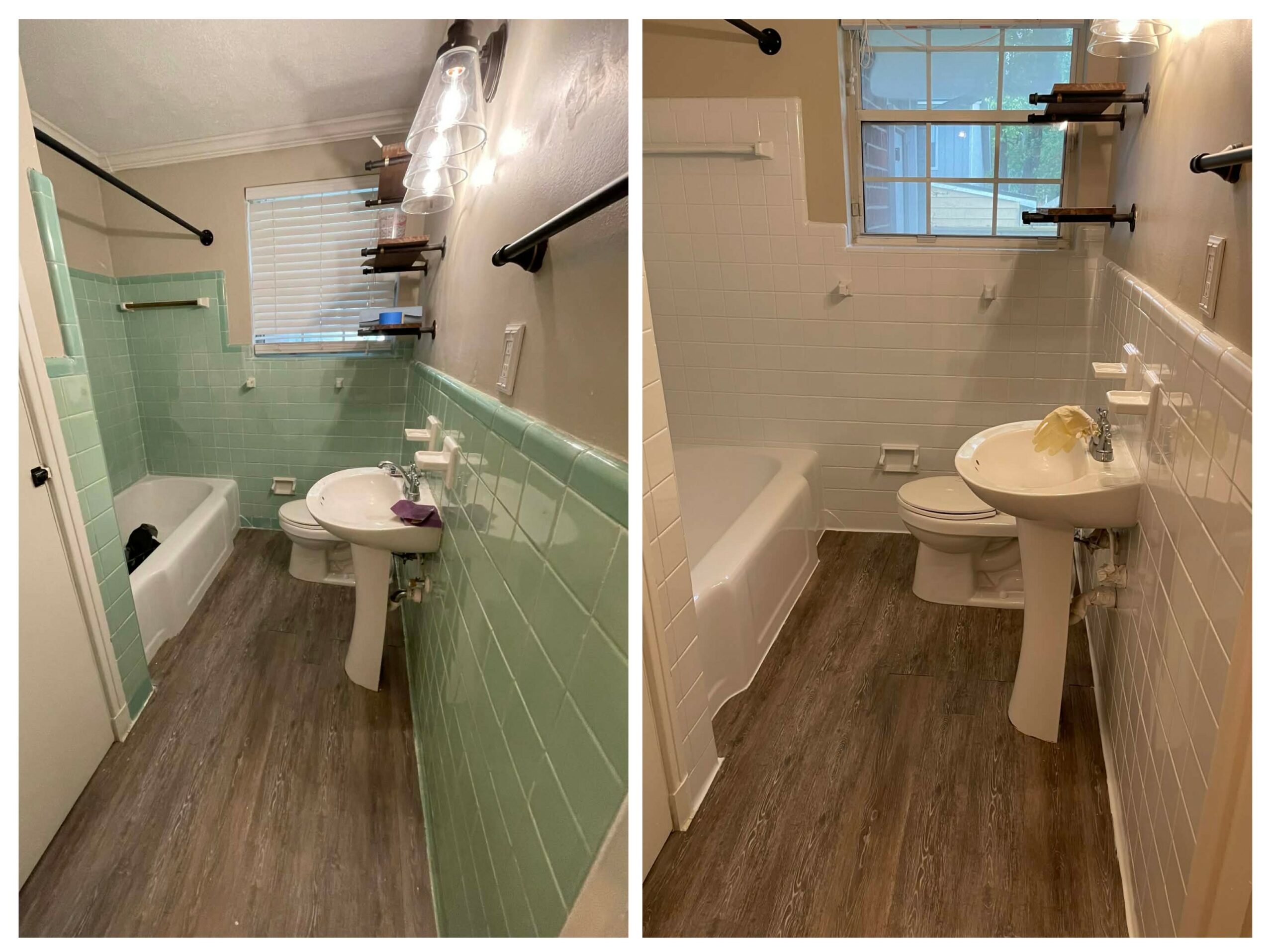 Bathroom before and after renovation, showing changes in wall color, fixtures, and lighting.