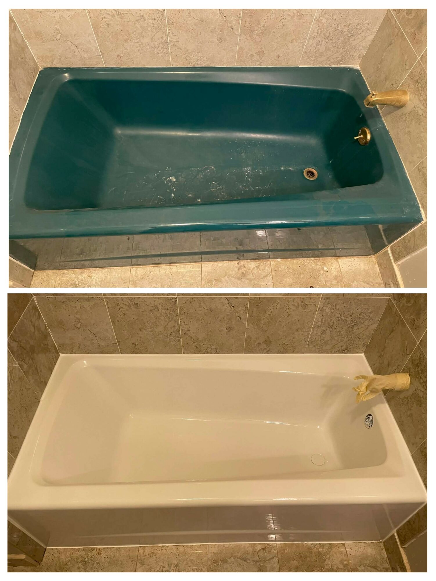 Two bathtubs, one blue and one white, are shown in separate images, both installed in tiled bathrooms.