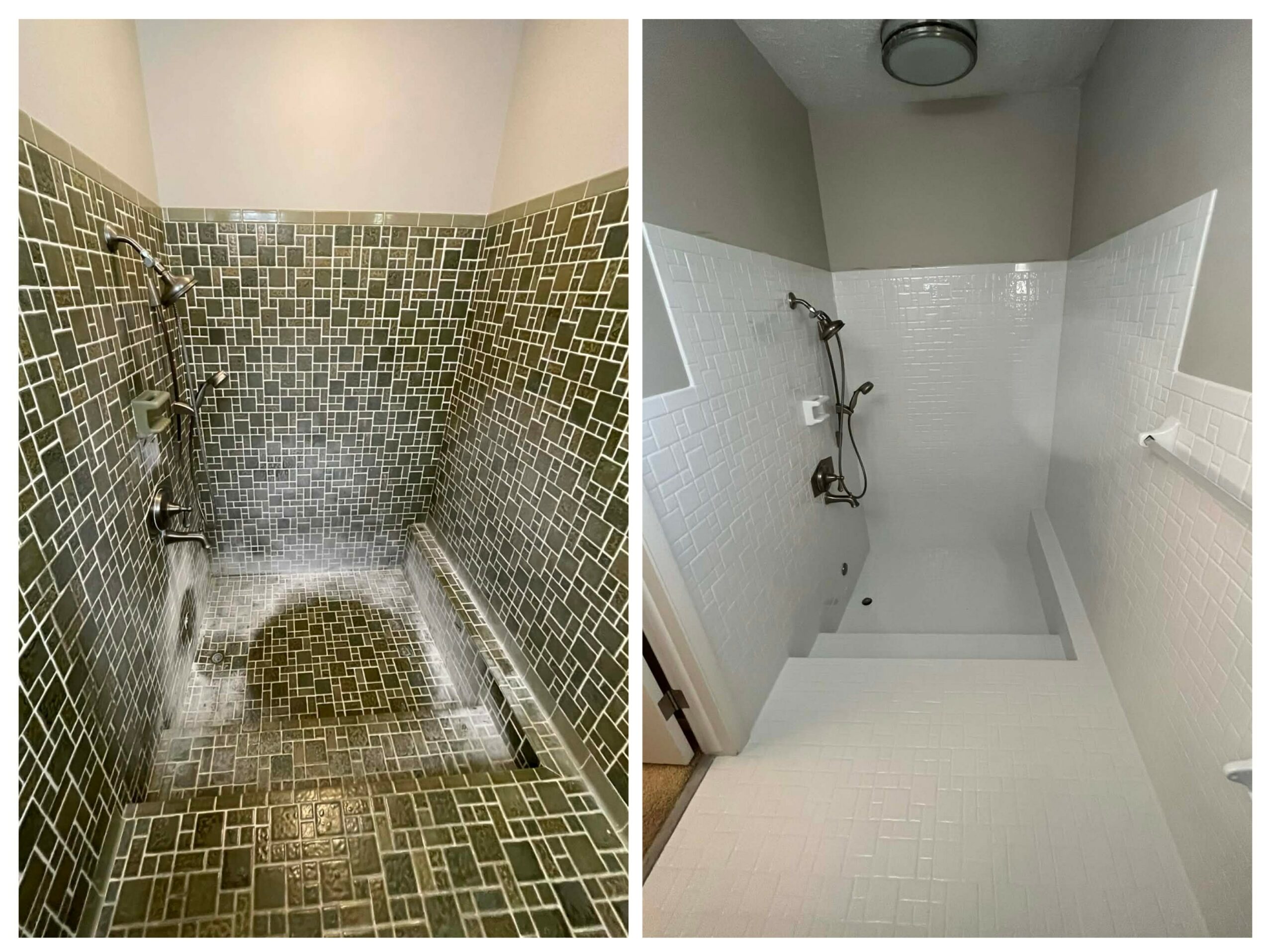 Side-by-side shower areas, one with mosaic tiles and water, the other with white tiles and dry floor.