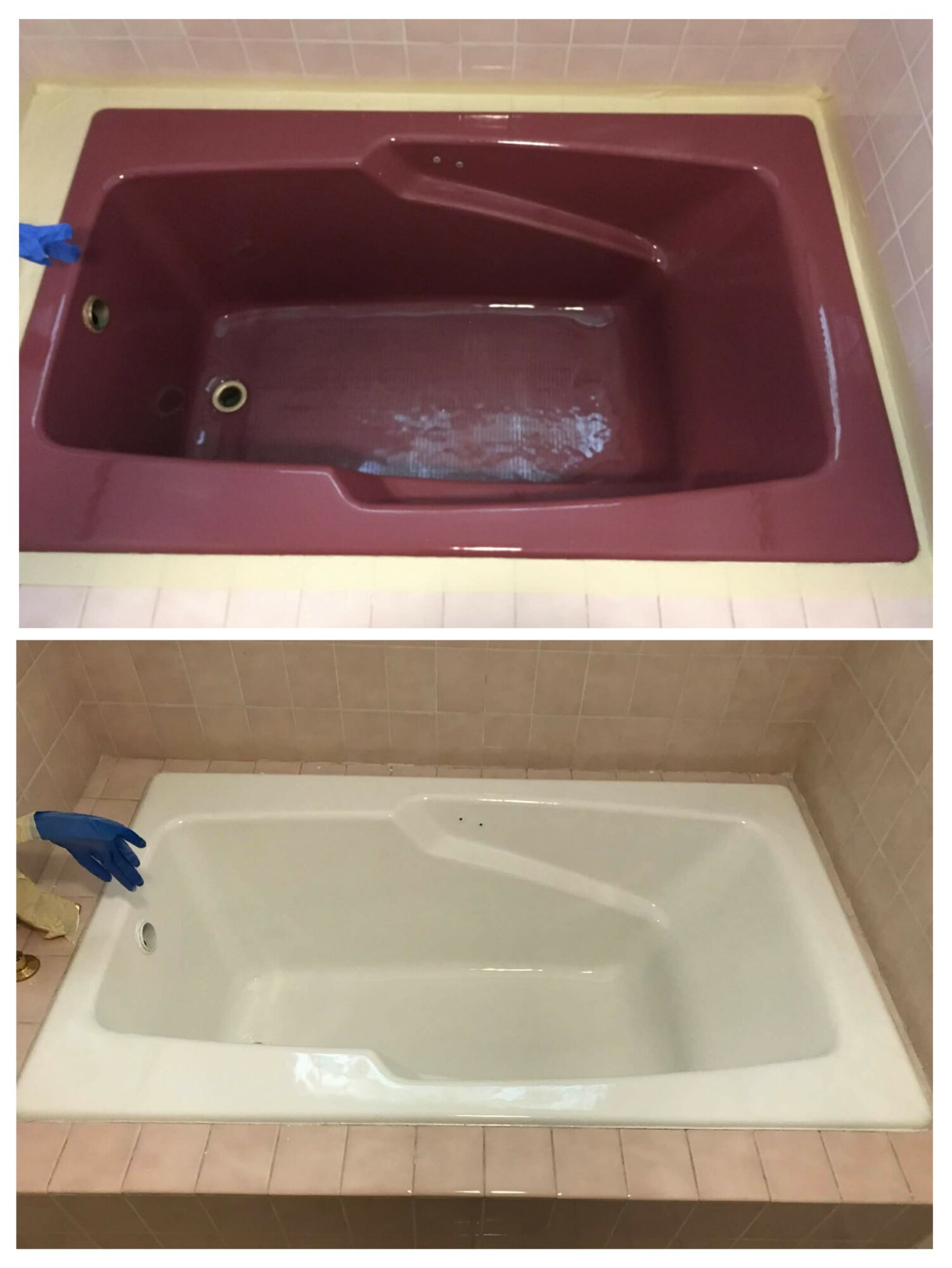 Two bathtubs, one purple and one white, installed in tiled bathrooms, viewed from above.