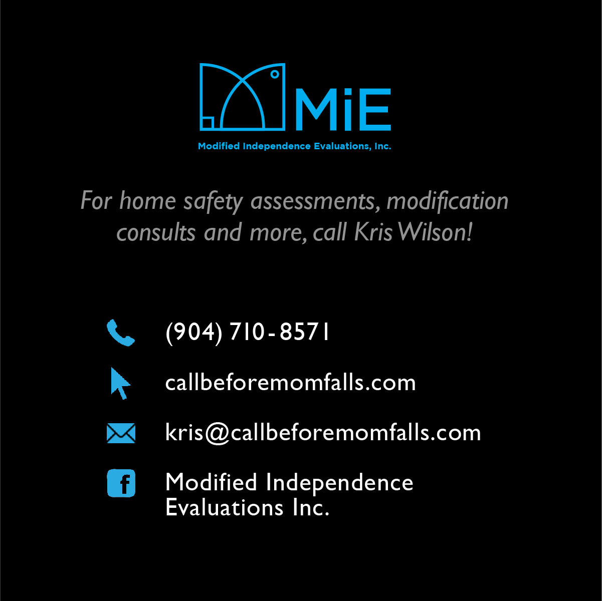 Black background with blue and white text and icons for Modified Independence Evaluations Inc. contact information.