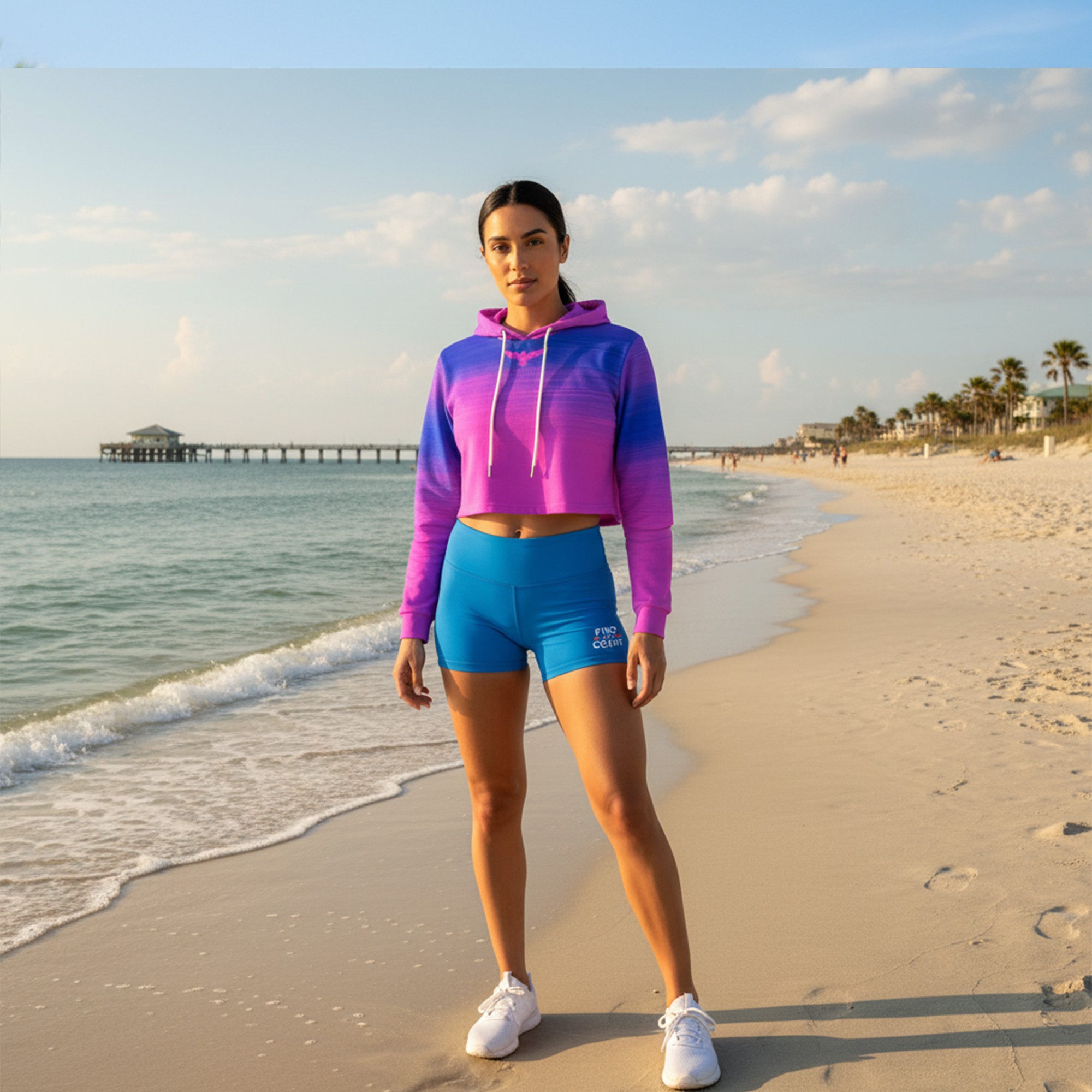 Woman in colorful hoodie and shorts standing on beach near water with pier and palm trees in background.