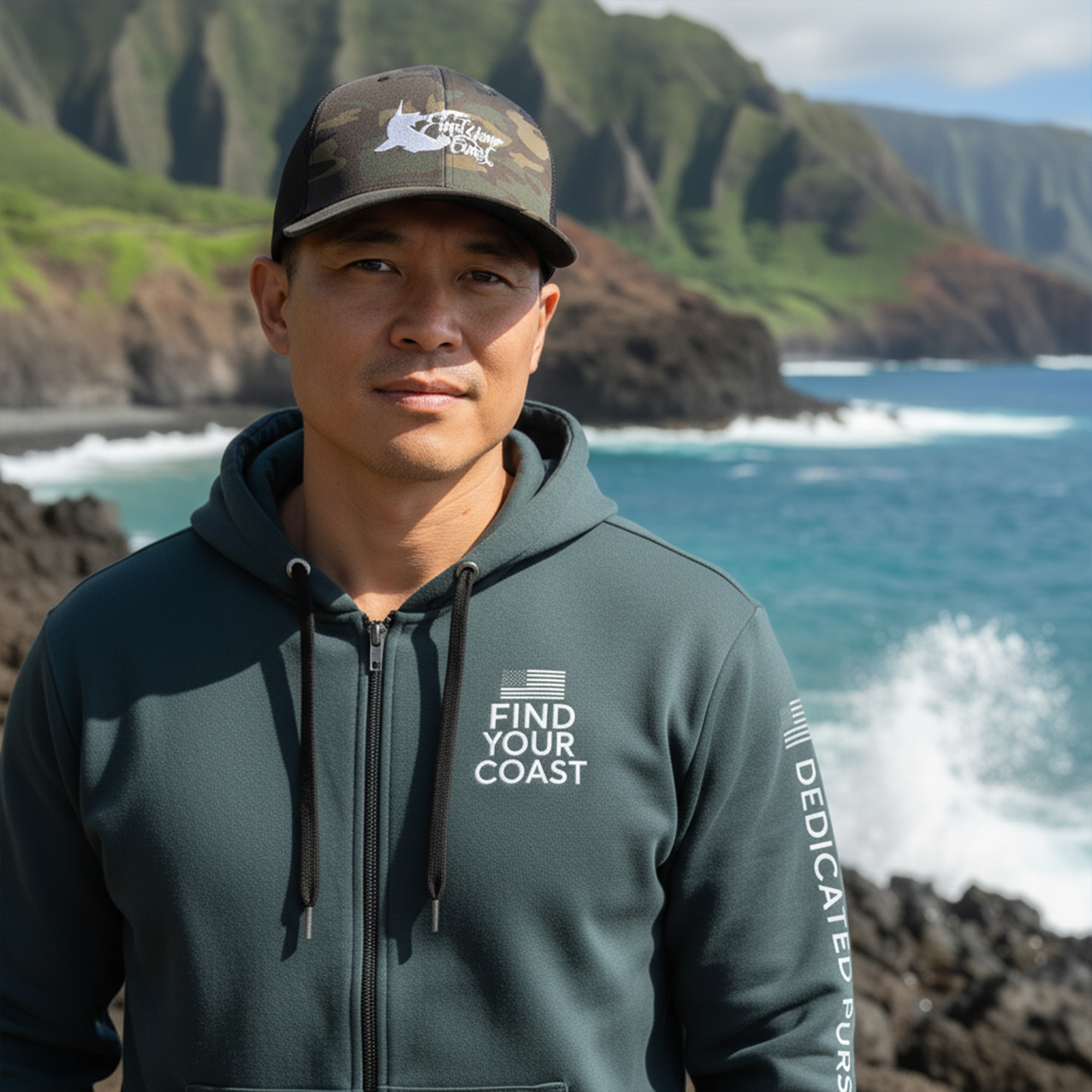 Man wearing a cap and hoodie standing near rocky coastline with ocean waves and cliffs in background.