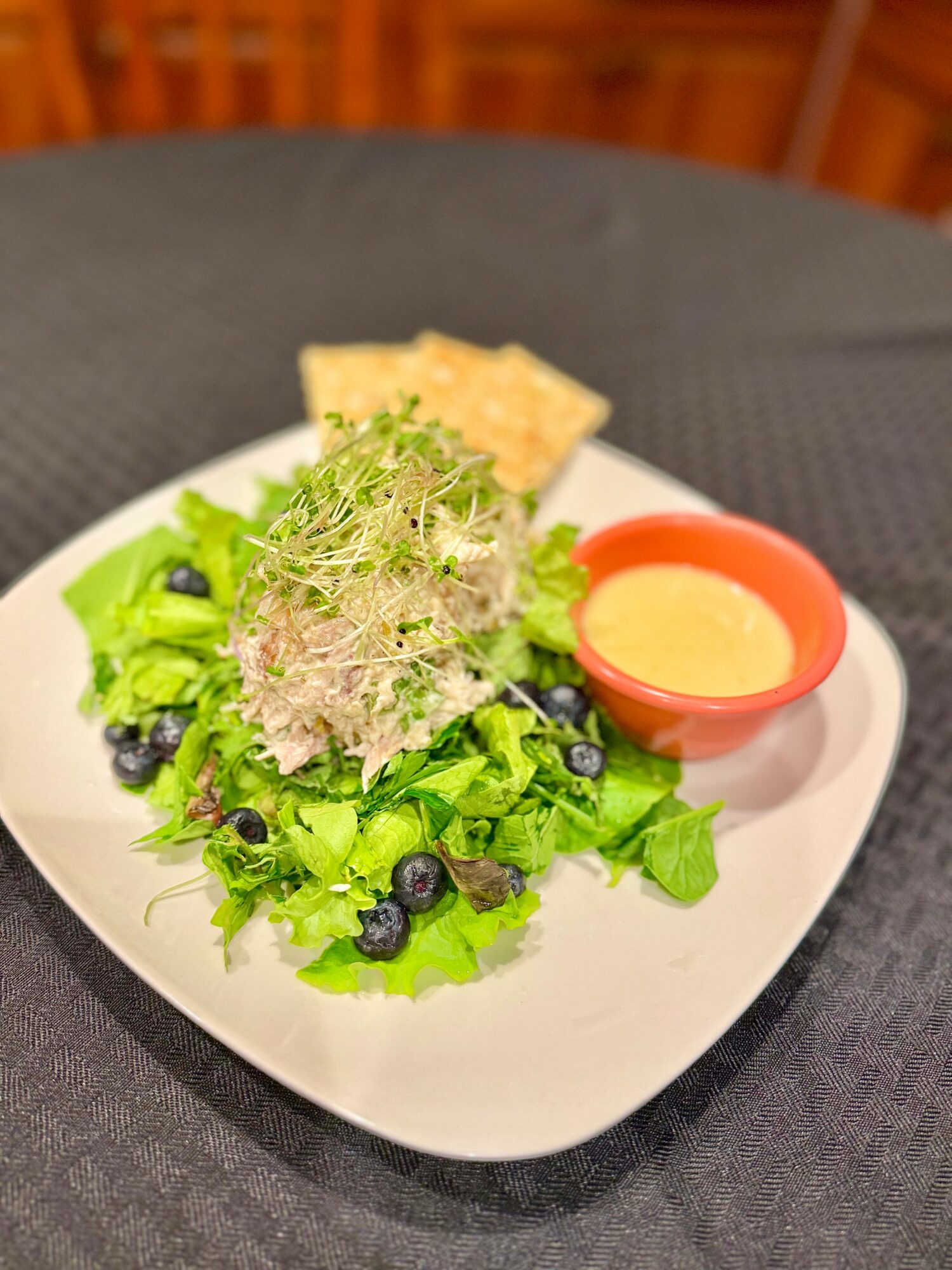 Salad with greens, blueberries, and sprouts on a white plate, with a small bowl of dressing, on a dark table.