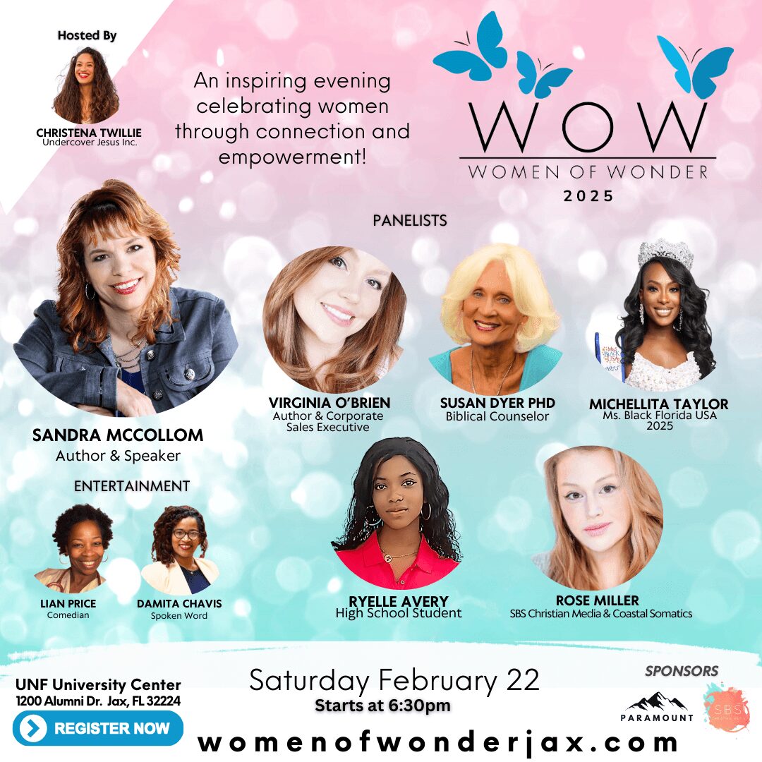 Event poster with five women, butterflies, and text about celebrating women and empowerment, with details of date and location.