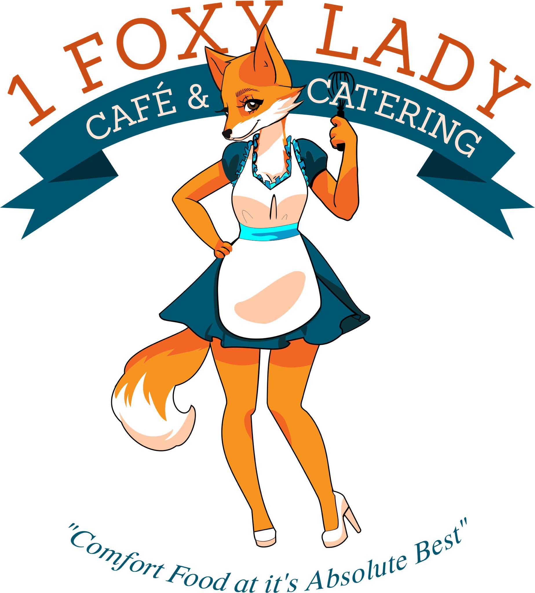 Anthropomorphic fox in a waitress outfit with a blue apron and headband, standing confidently with one hand on hip.