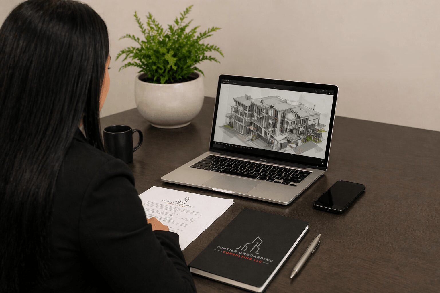Person with long dark hair sitting at desk with laptop, notebook, pen, and smartphone, with a potted plant in the background.