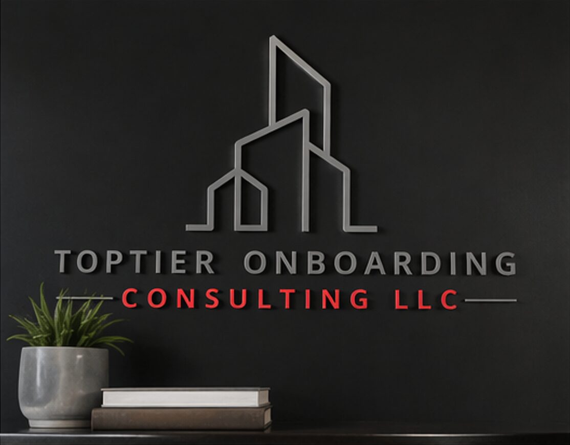 Logo with geometric building outline, text 'TOPTIER ONBOARDING' and 'CONSULTING LLC' on dark wall, plant and books below.