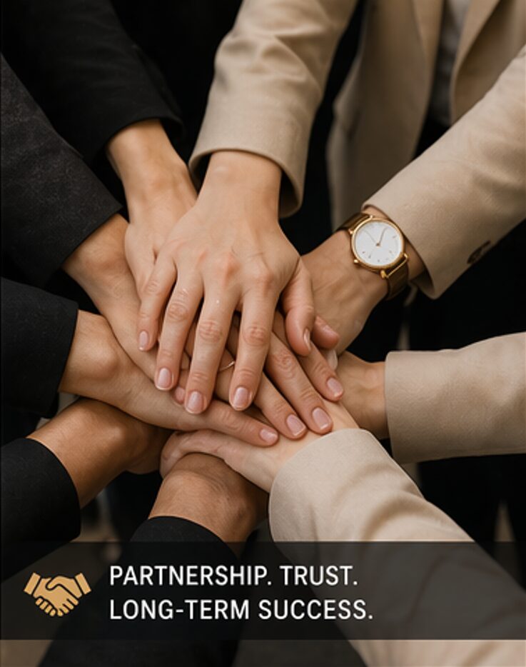 Multiple hands stacked together, symbolizing partnership and teamwork, with a watch visible on one wrist.