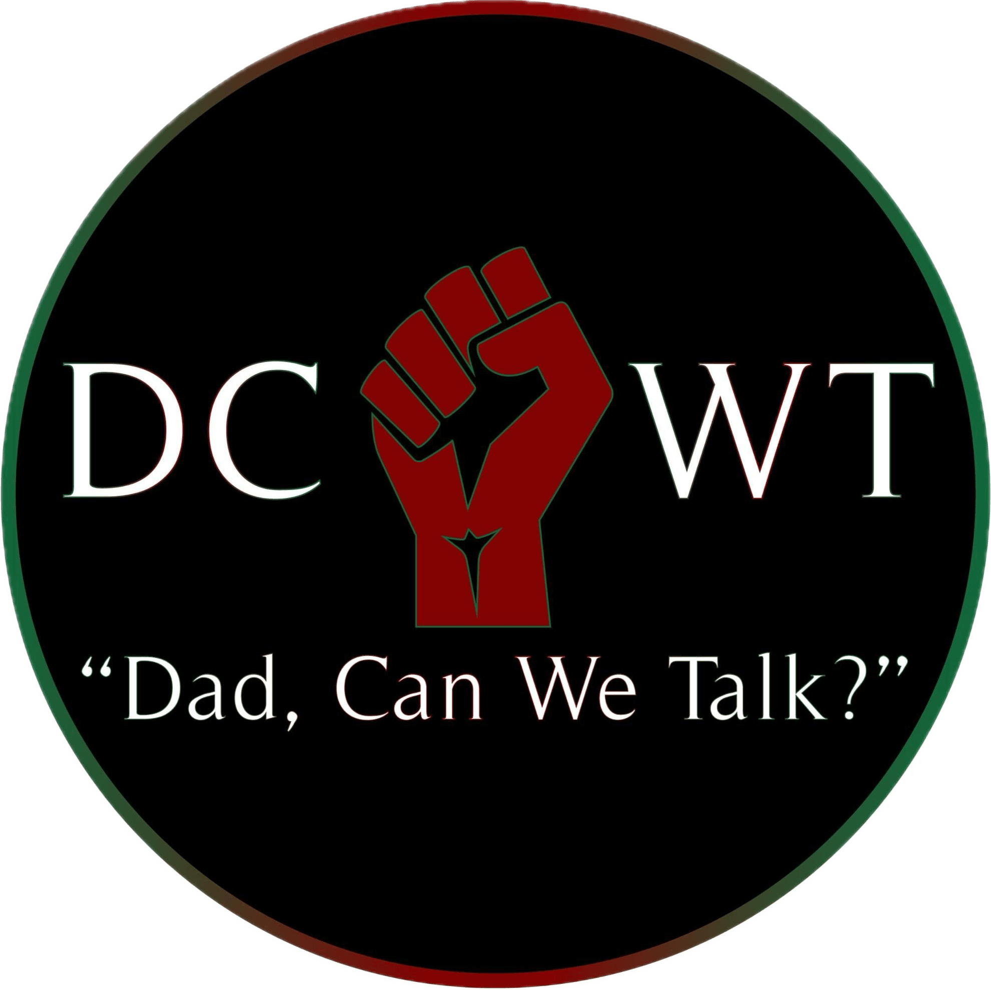 Black circular logo with a red clenched fist in the center, surrounded by white text and a quote.
