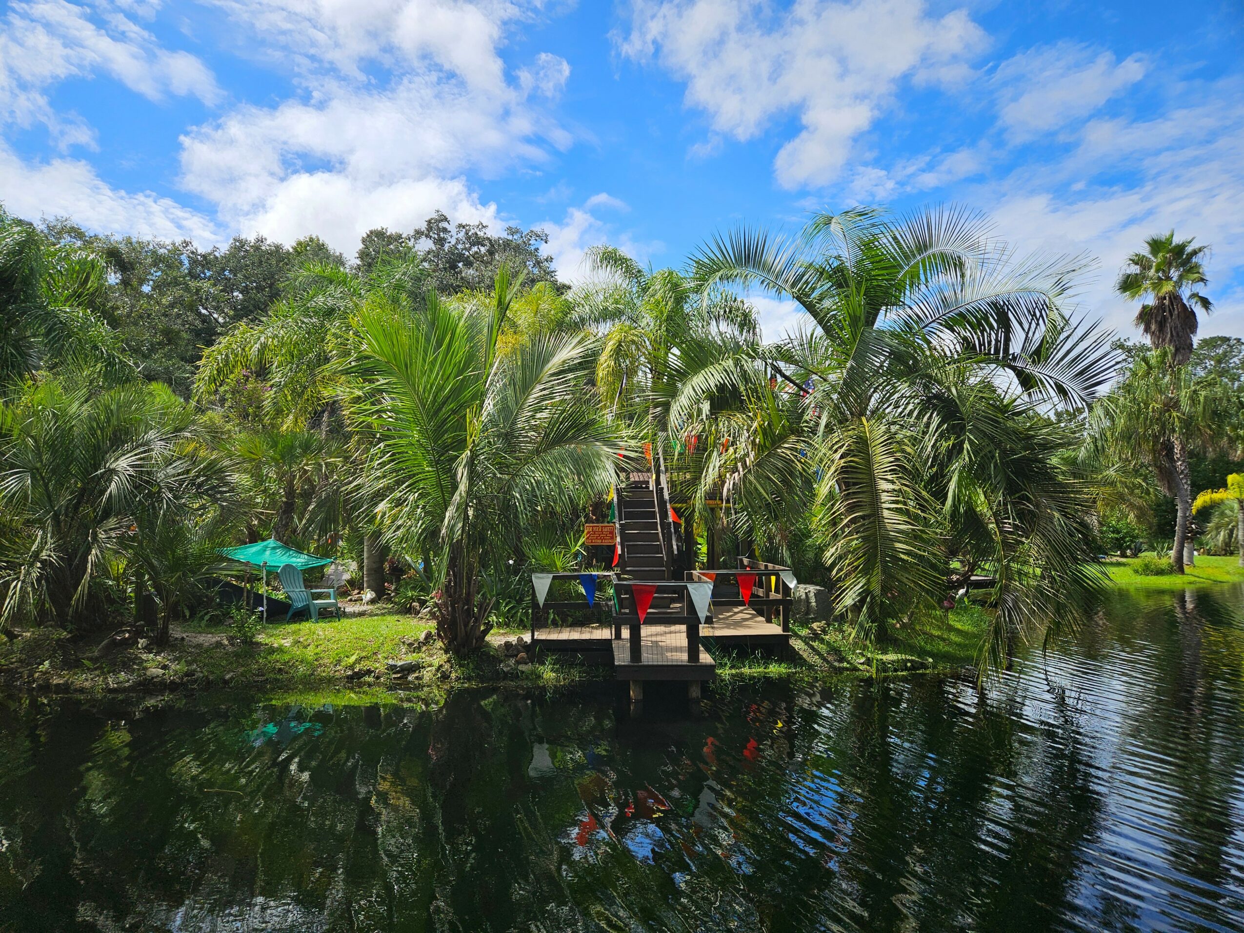 Lush tropical trees and plants surround a small dock over water, with a partly cloudy sky above.