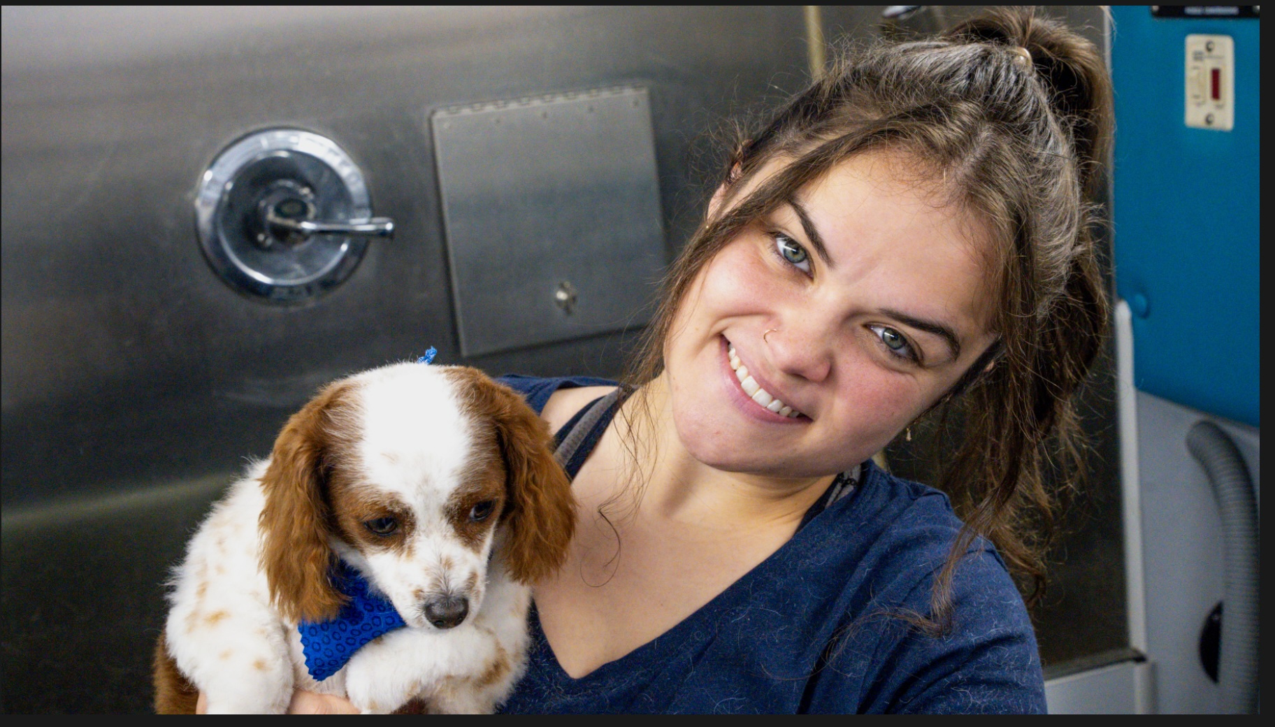 Young woman holding a small dog with brown and white fur, smiling in a veterinary or animal care setting.