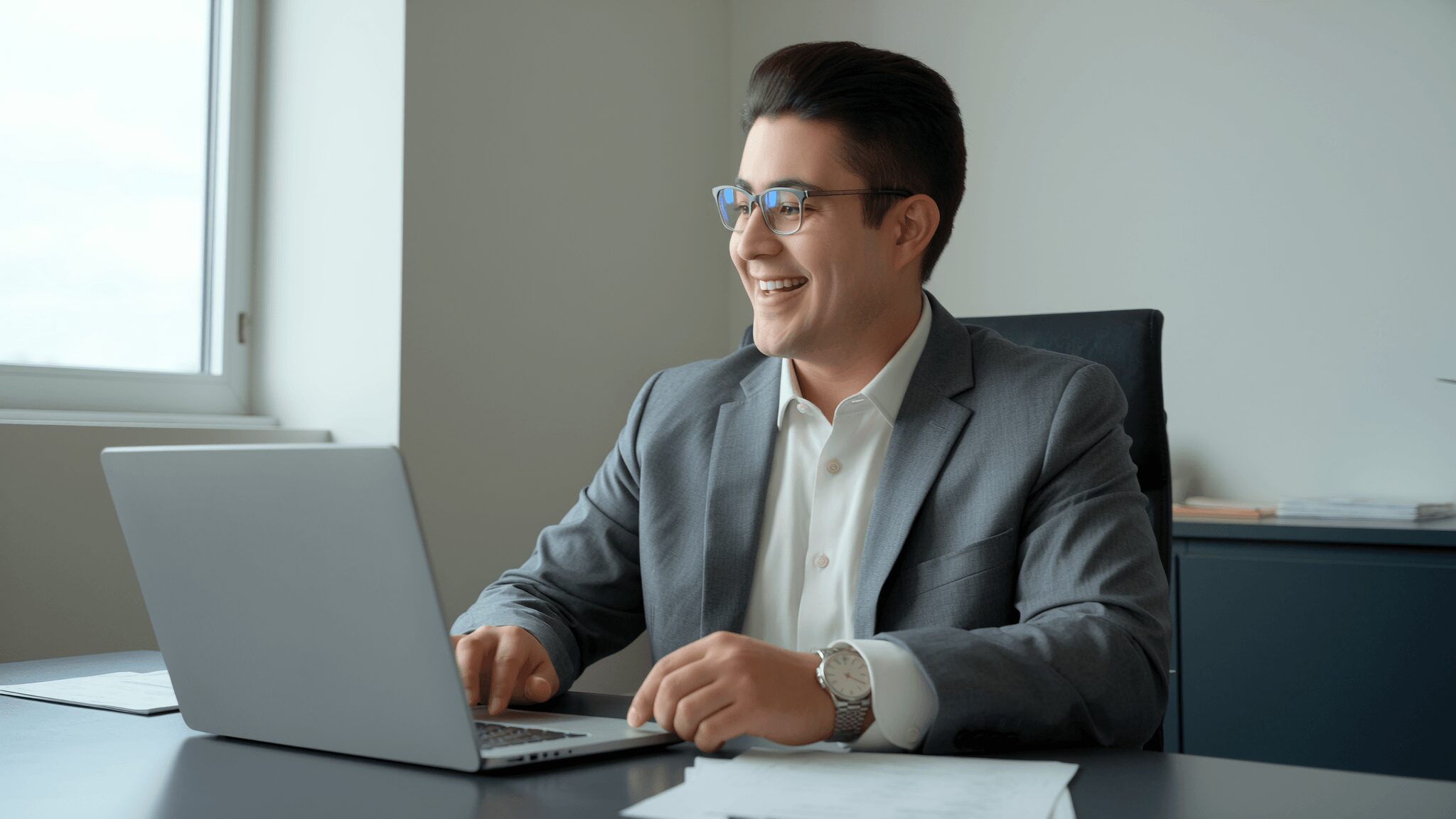 Man in suit smiling while working on a laptop in an office.