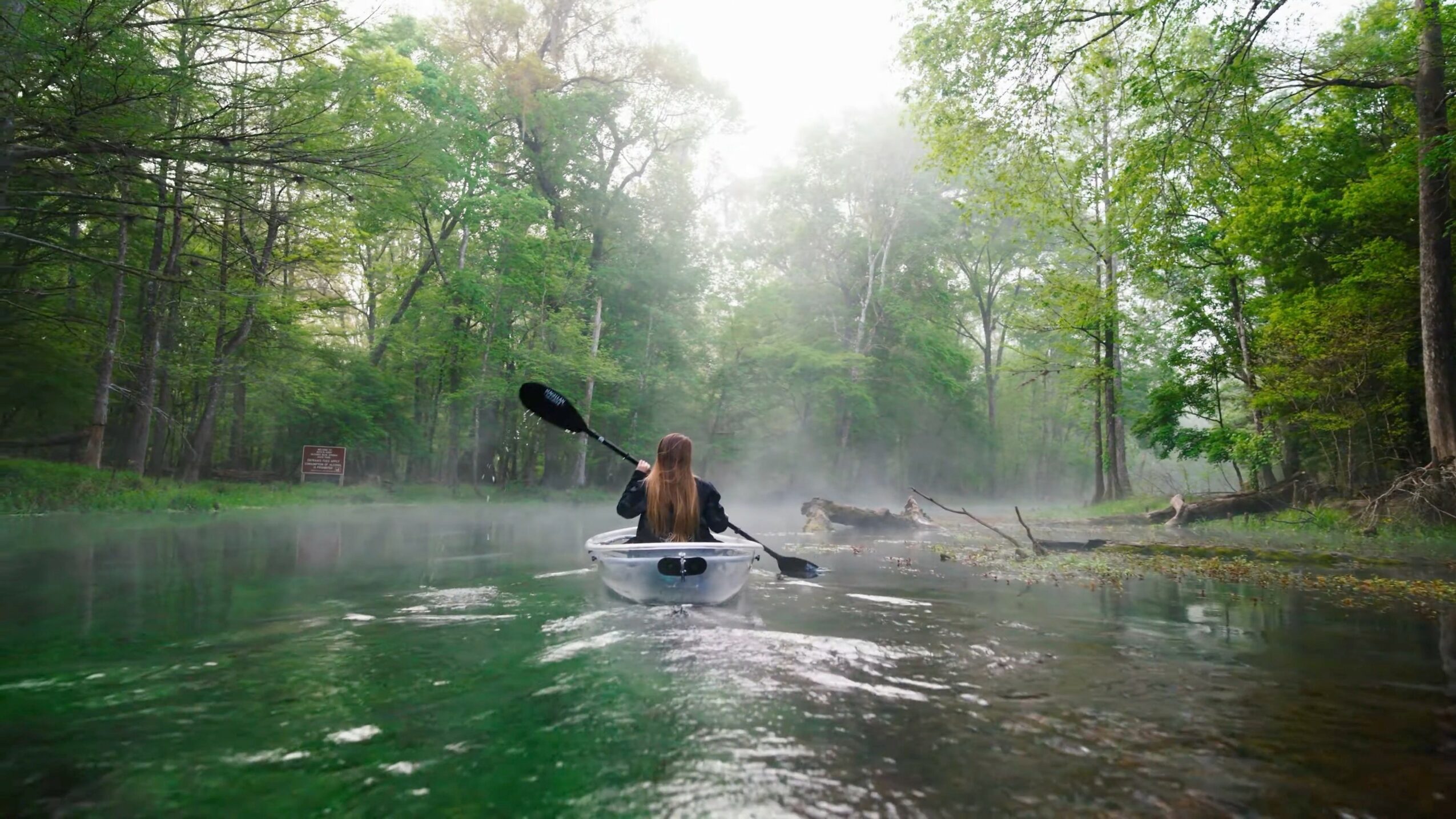 Person kayaking on a calm river surrounded by green trees with mist in the background.