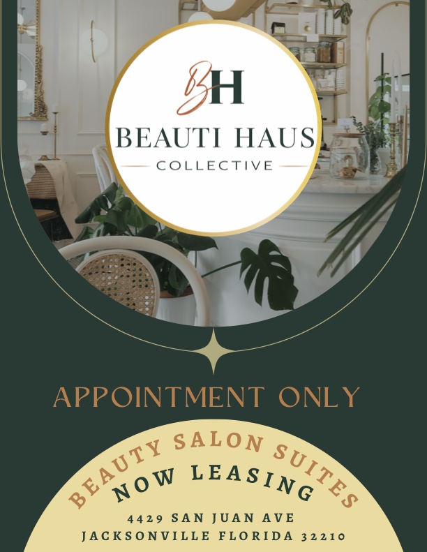 Interior of a beauty salon with chairs, plants, and shelves, seen through a circular frame with text overlay.