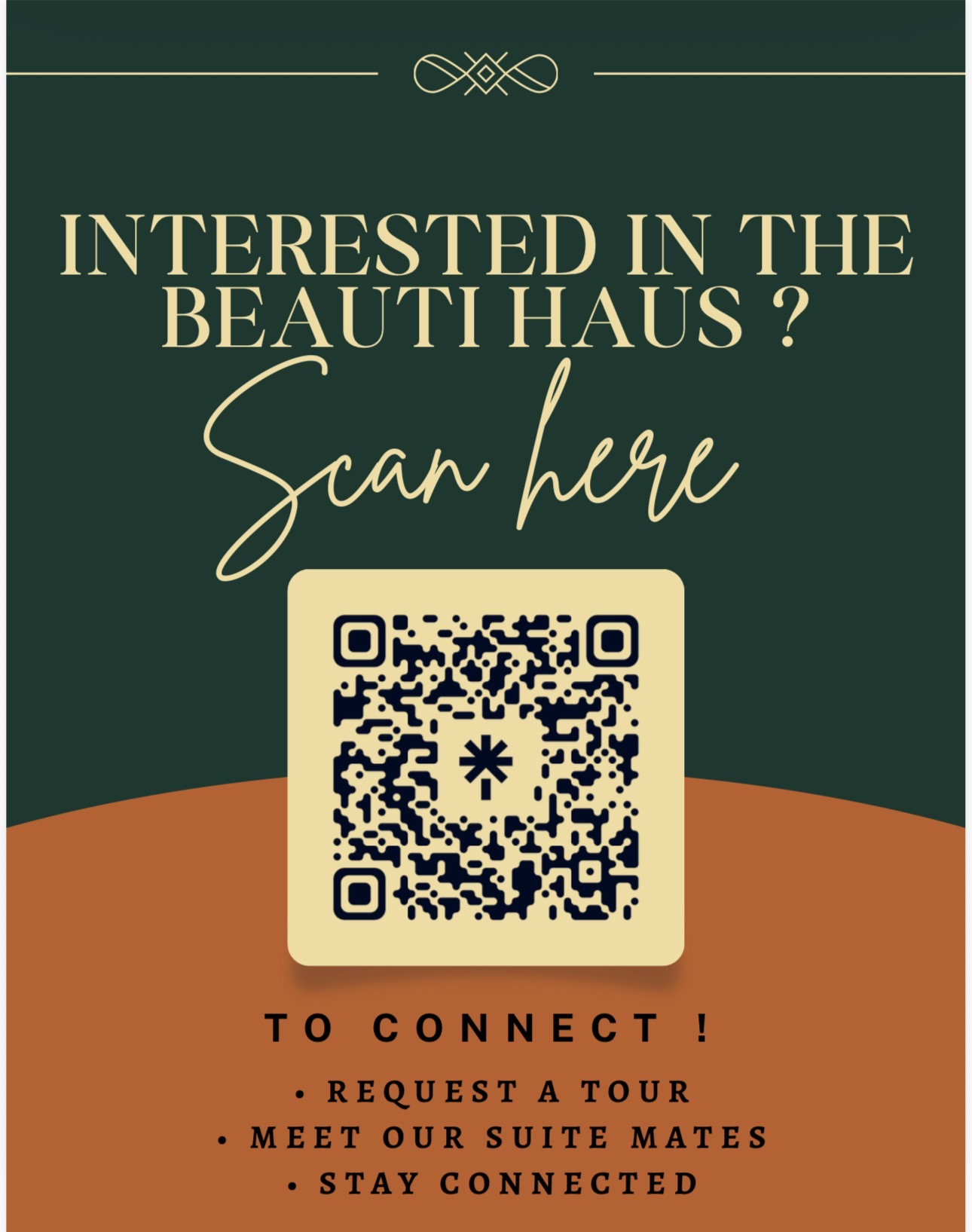 Invitation with QR code for a real estate tour, dark green background, gold text, orange bottom section.