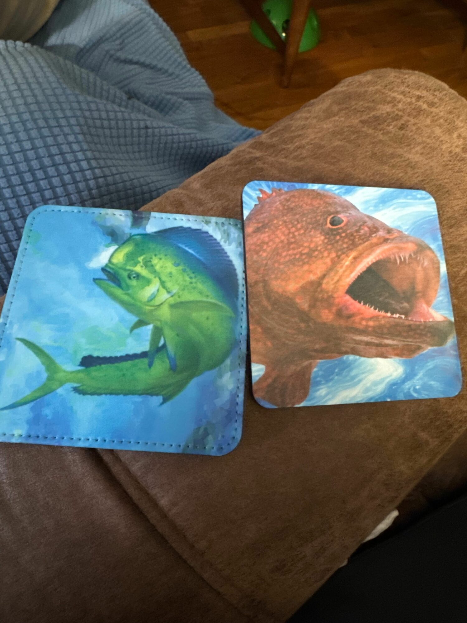 Two square cards with fish images, one green fish and one brown fish, on a brown surface.
