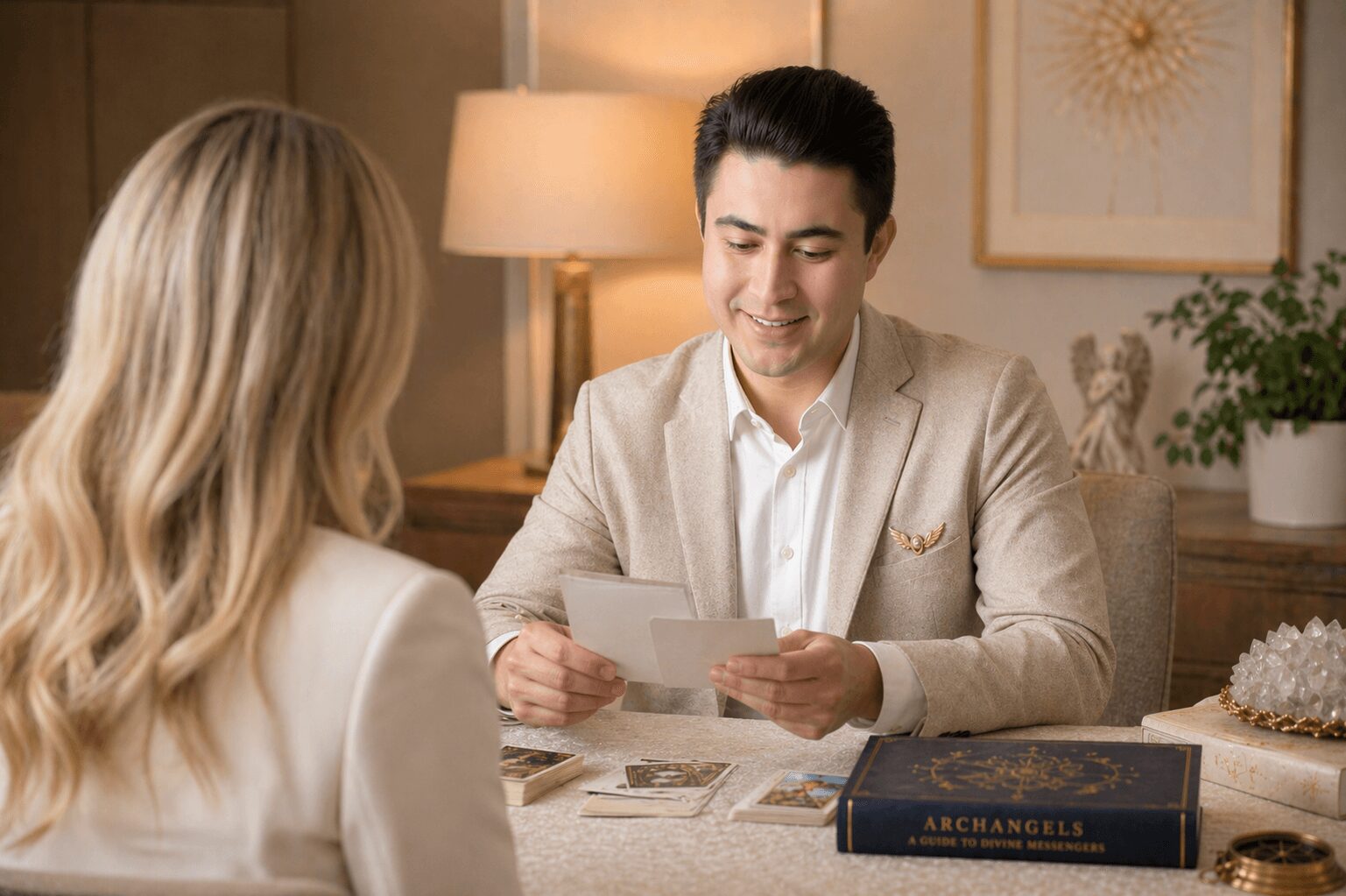Man smiling and reading a paper across from a woman in a cozy room with a lamp and plants.