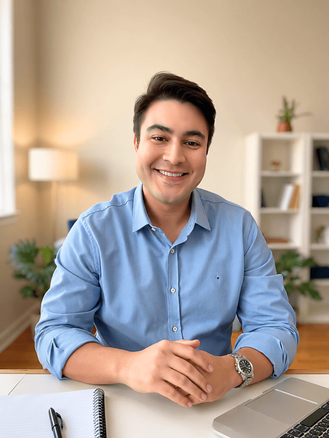 Young man with dark hair smiling, wearing a blue shirt, sitting at a desk in a room with bookshelf and plants.