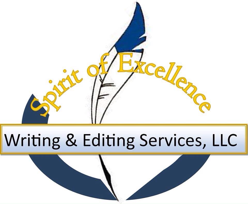 Logo with a feather, text 'Spirit of Excellence' curved above, and 'Writing & Editing Services, LLC' below.