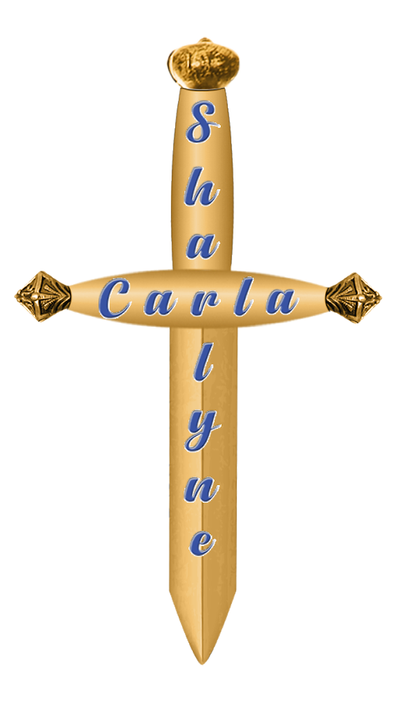 A sword with a gold handle and blue inscription, with the words 'Shayne Carlyne' on the blade, against a black background.