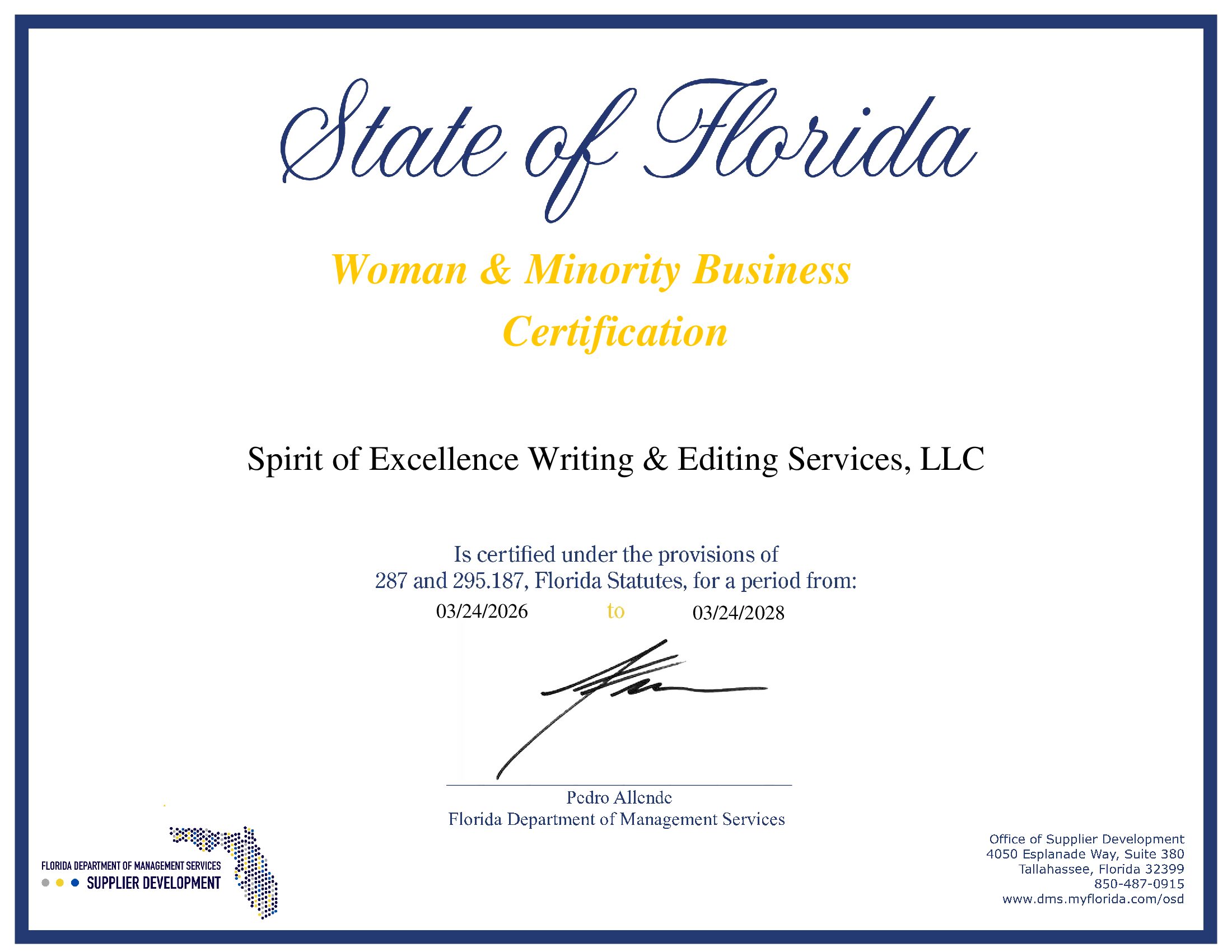 Certificate from Florida for Woman & Minority Business Certification, issued to Spirit of Excellence Writing & Editing Services, LLC.