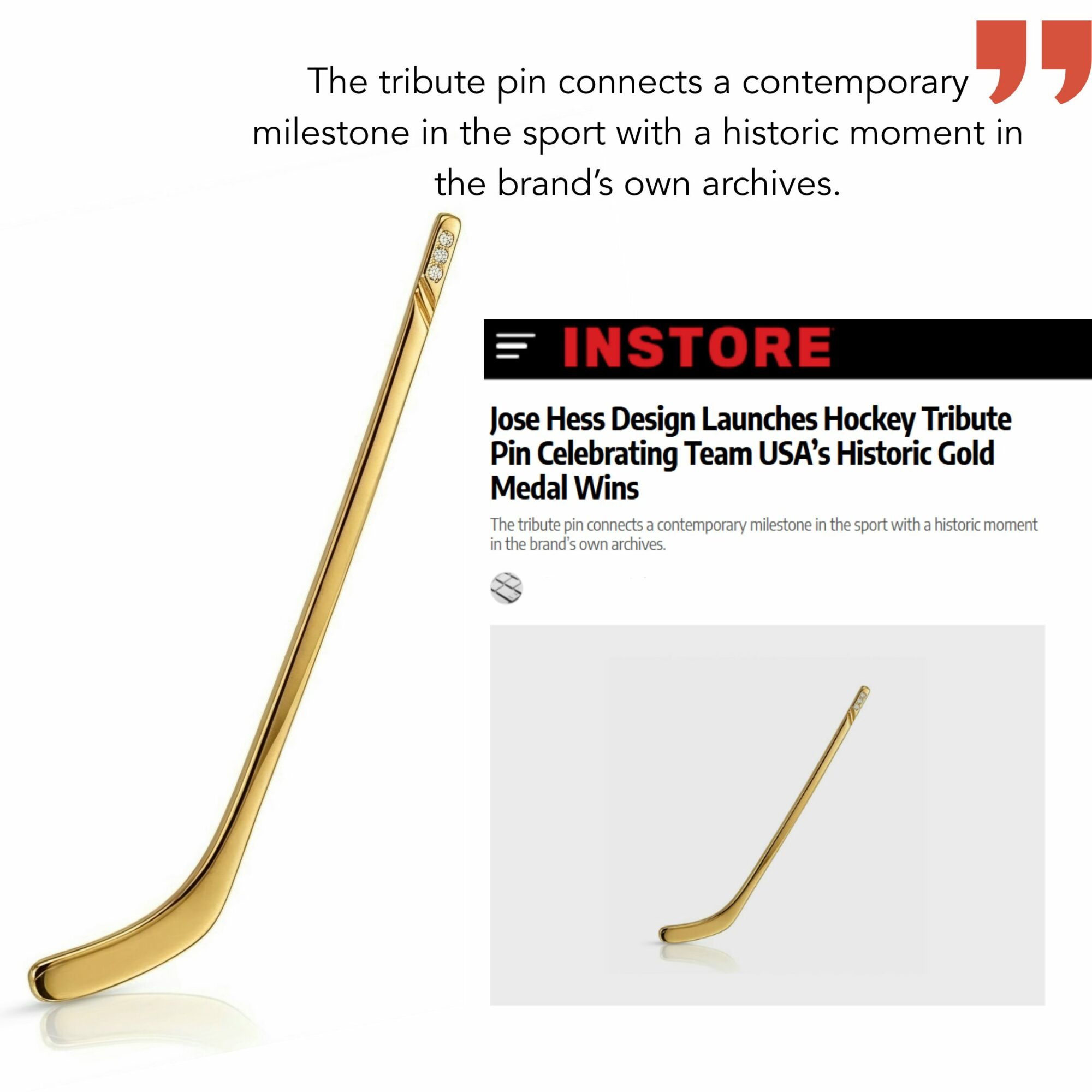 Gold hockey stick with text about a tribute pin and sports milestone, smaller hockey stick image below, white background.