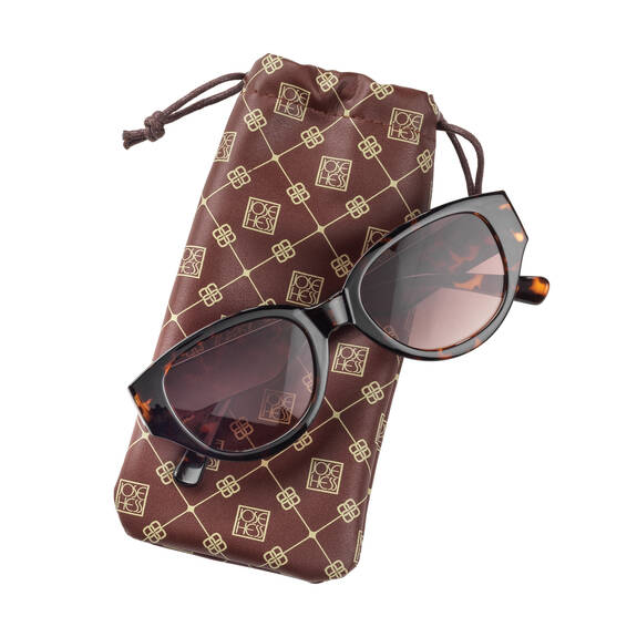 Sunglasses with dark lenses on a patterned brown case with gold geometric designs, against a white background.