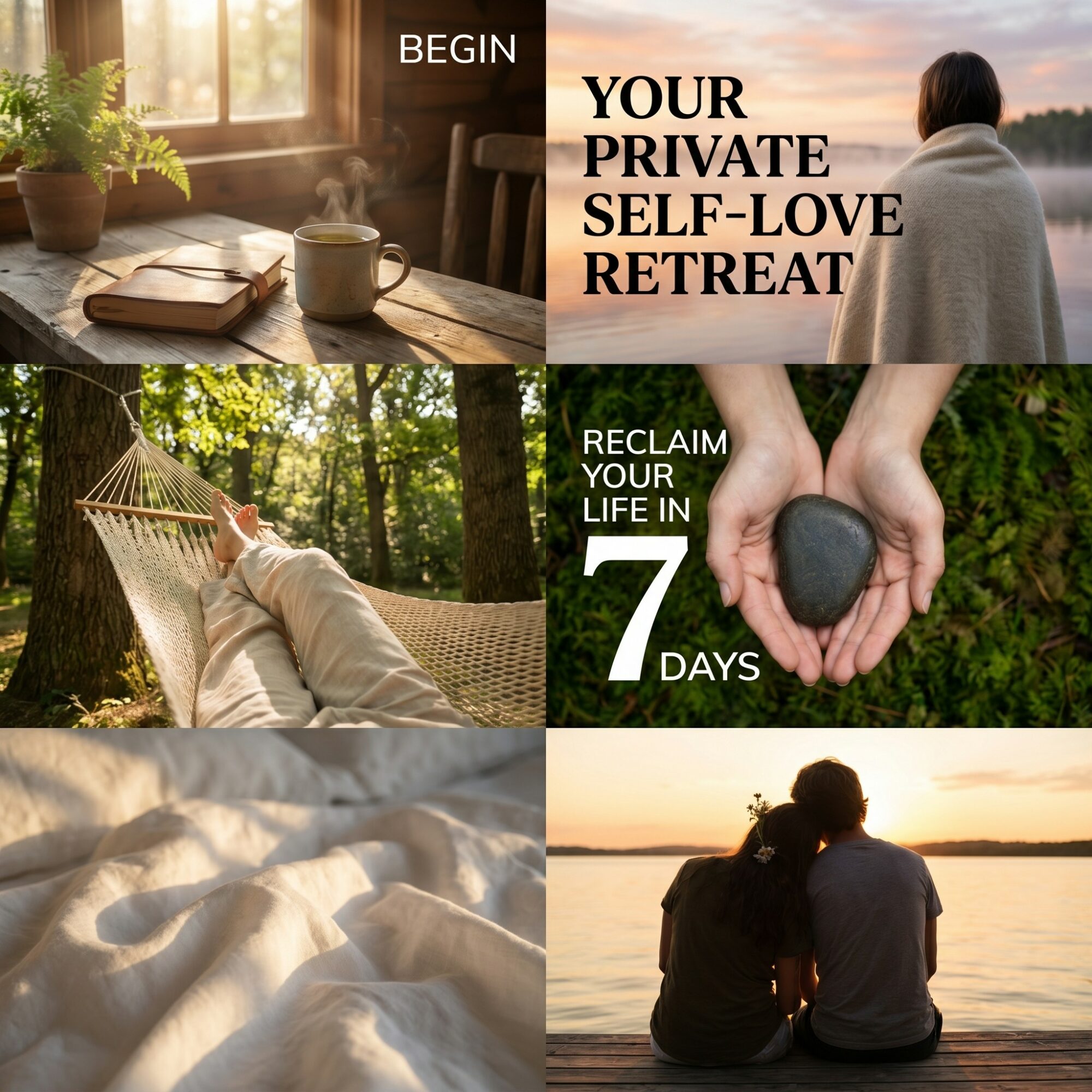 Collage of four images: a person at a window with a book and coffee, a person on a hammock, hands holding a stone, and two people sitting by a lake.