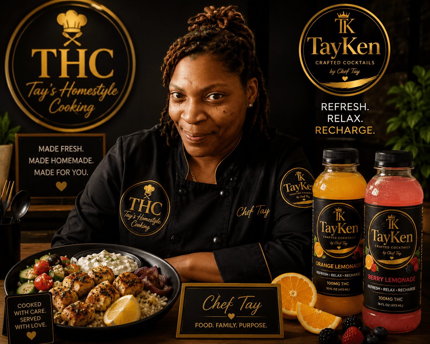 Woman in black chef's coat smiling at table with bowls of food and drinks, black background with gold logos and text.