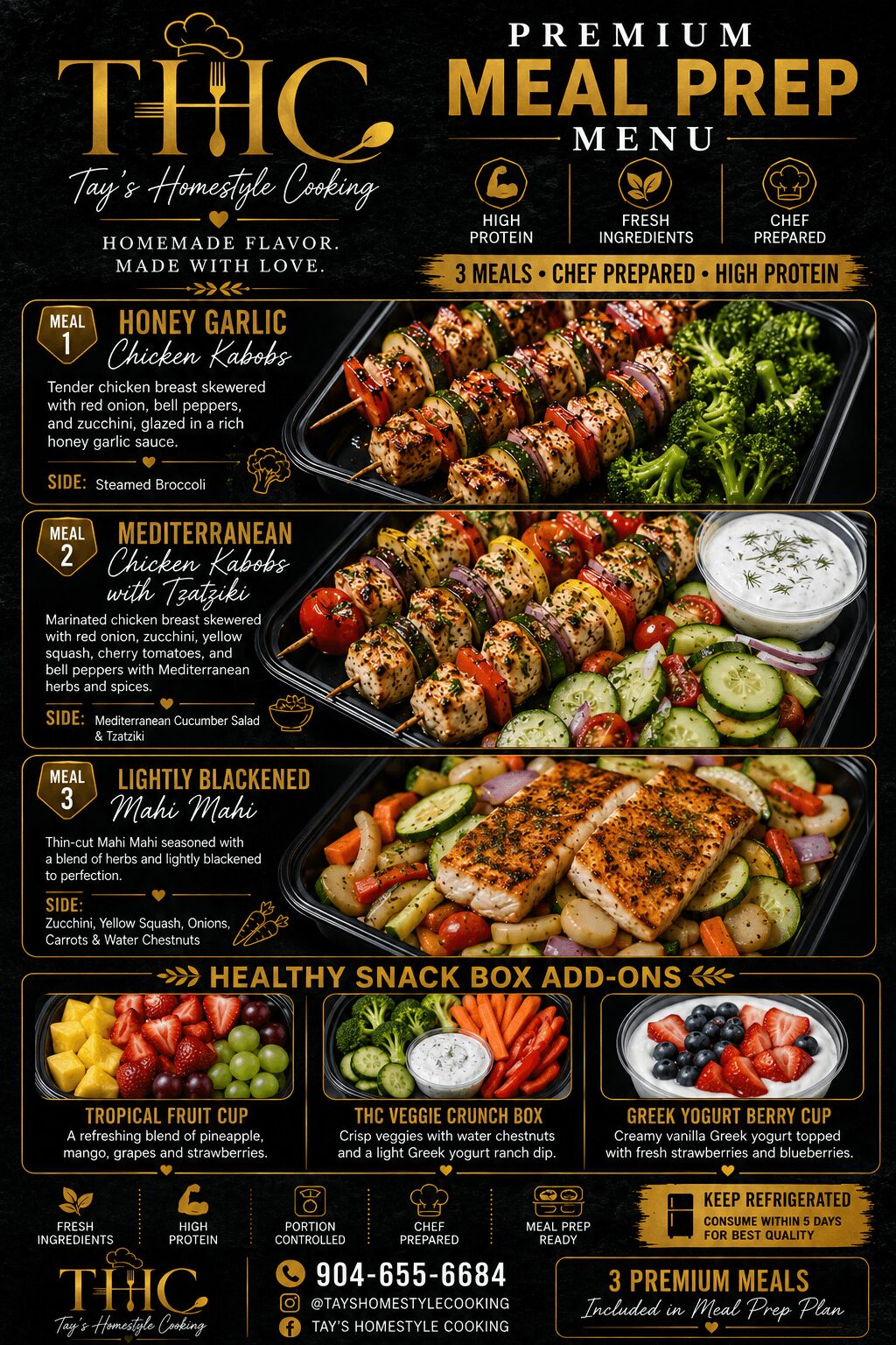 Menu featuring premium meal prep options with images of skewers, snacks, and desserts, and text highlighting meal choices and extras.