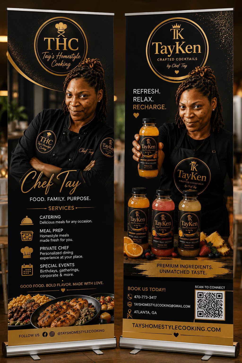 Two vertical banners advertising THC by TayKen, featuring a woman with braided hair, bottles of CBD products, and text about relaxation and ingredients.