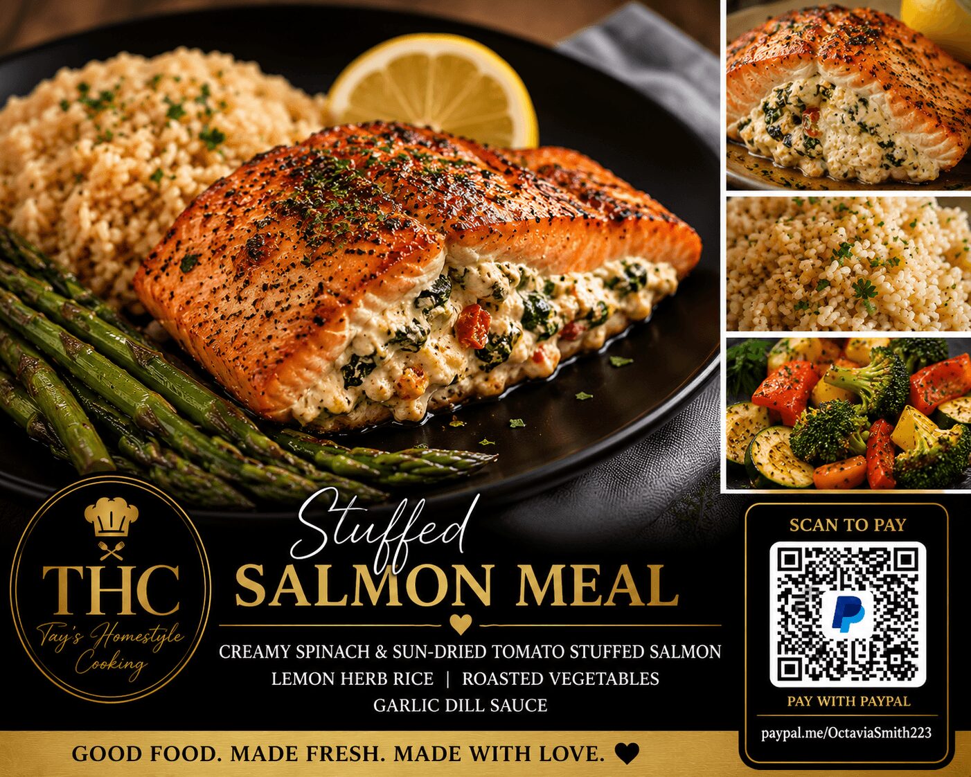Plate with stuffed salmon, rice, and asparagus, with lemon wedge; text overlay for stuffed salmon meal, logo, and QR code.