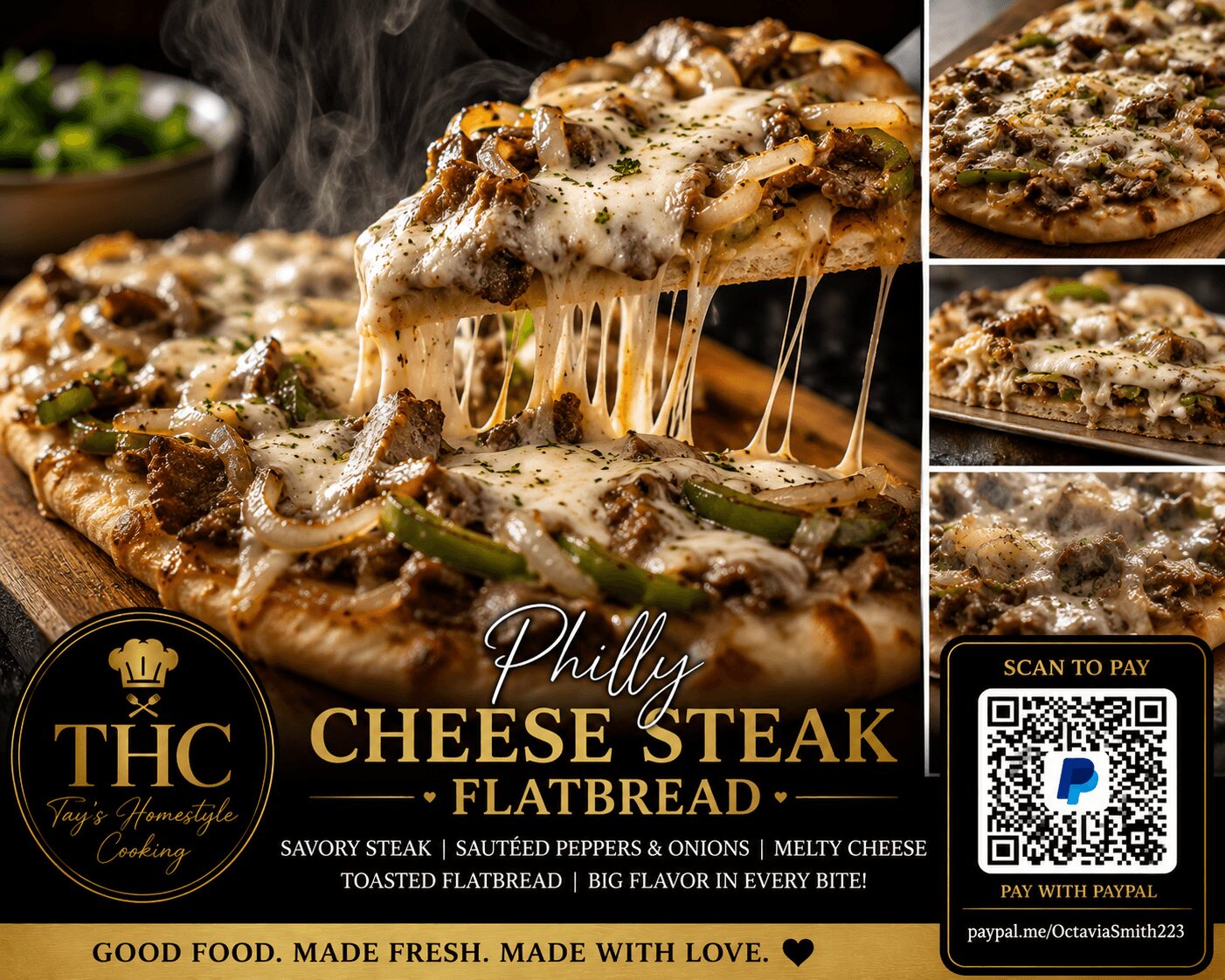 Close-up of cheesy Philly cheesesteak pizza with melted cheese stretching, topped with meat and vegetables, on a wooden surface.