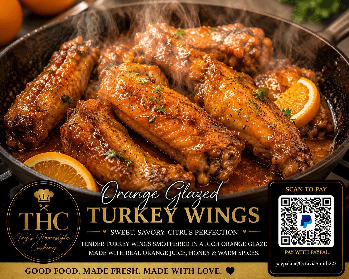Cooked turkey wings with orange slices in a skillet, garnished with herbs, steam rising, black background with gold and white text.