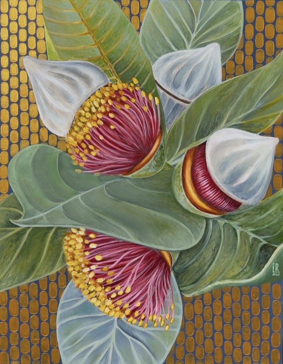 Three large green leaves and three white flowers with pink and yellow centers on a patterned background.