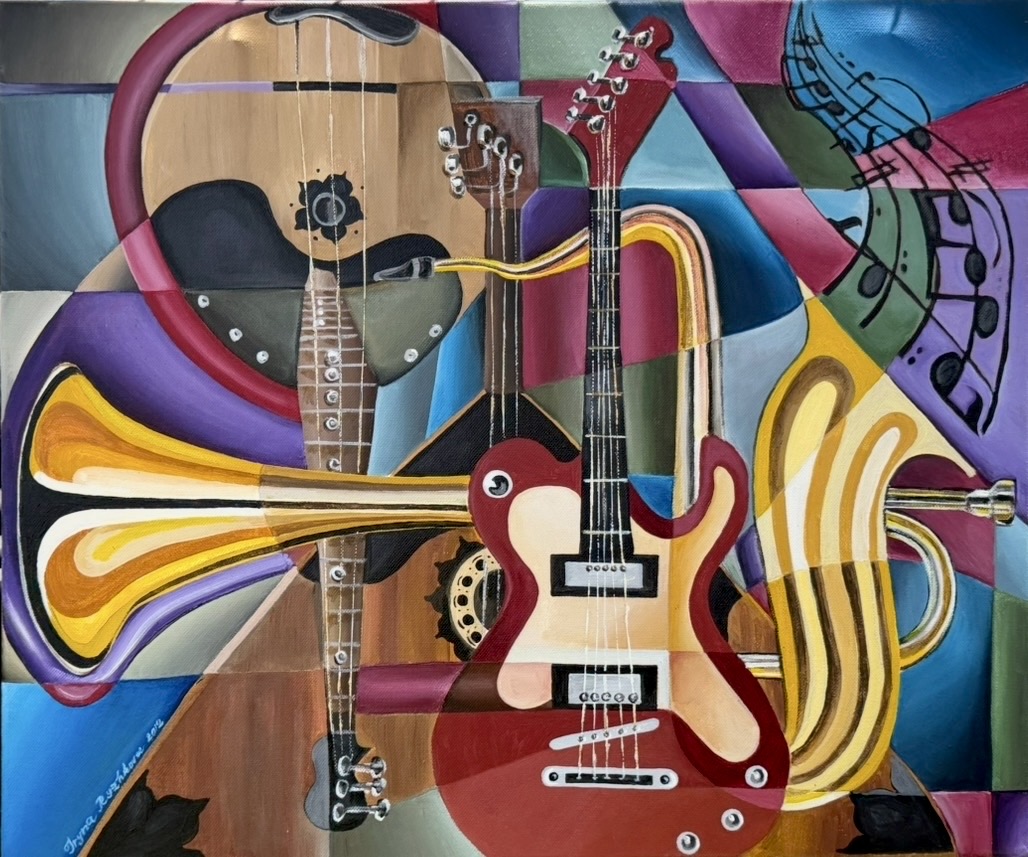 Colorful abstract painting of guitars, musical notes, and swirling shapes with vibrant colors and patterns.