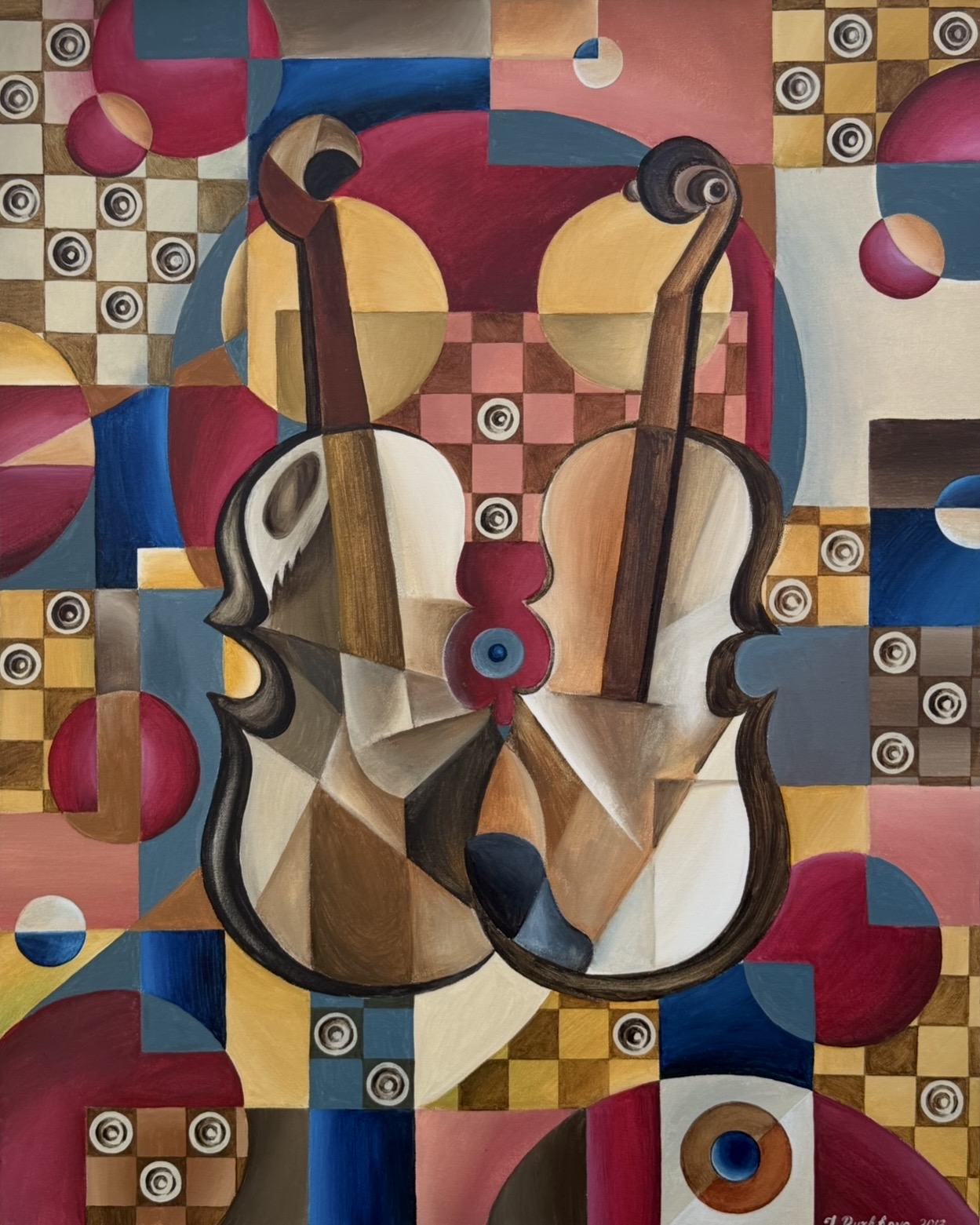 Abstract painting featuring two stylized violins with geometric shapes and vibrant colors in the background.