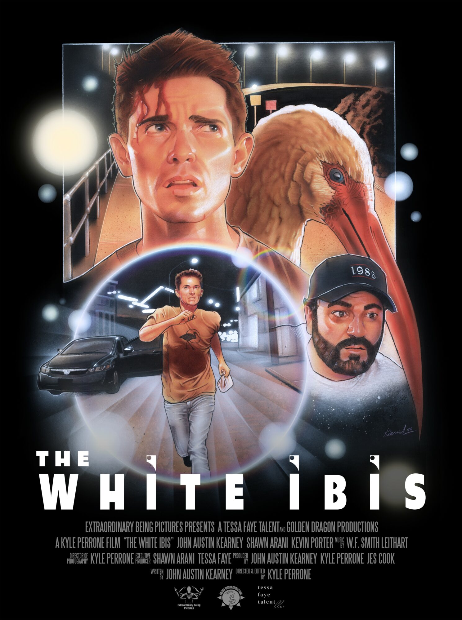 Three men, a car, a large bird, and a city street scene with bright lights, with the title 'The White Ibis'.