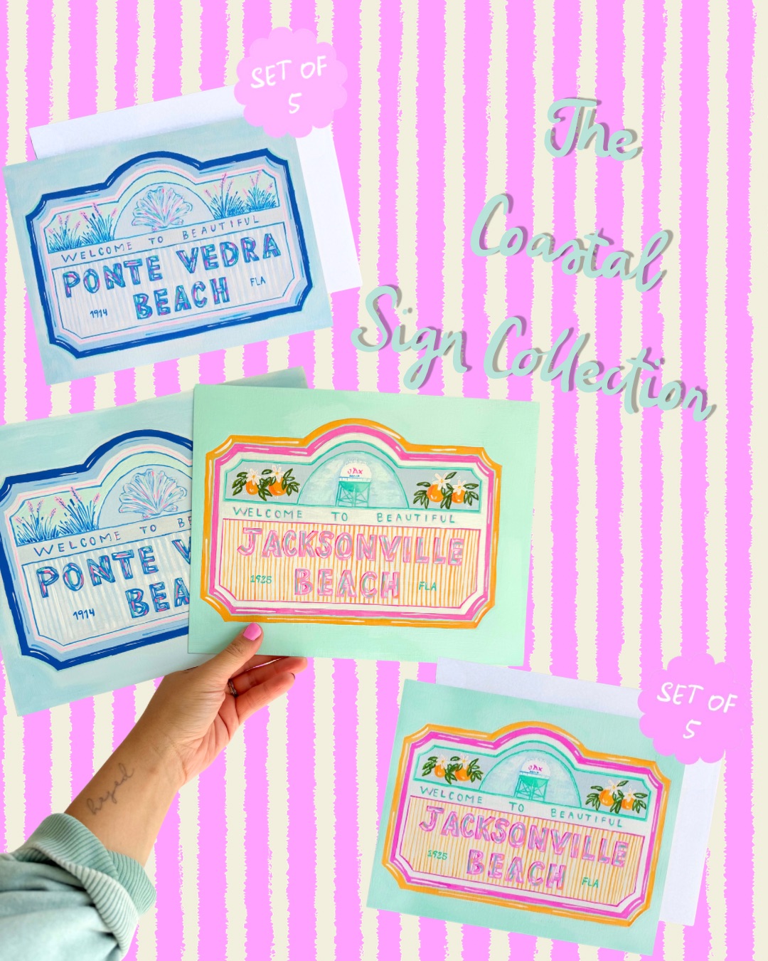 Collection of colorful Jacksonville Beach and Ponte Vedra Beach signs on pink and white striped background, with a hand holding one sign.