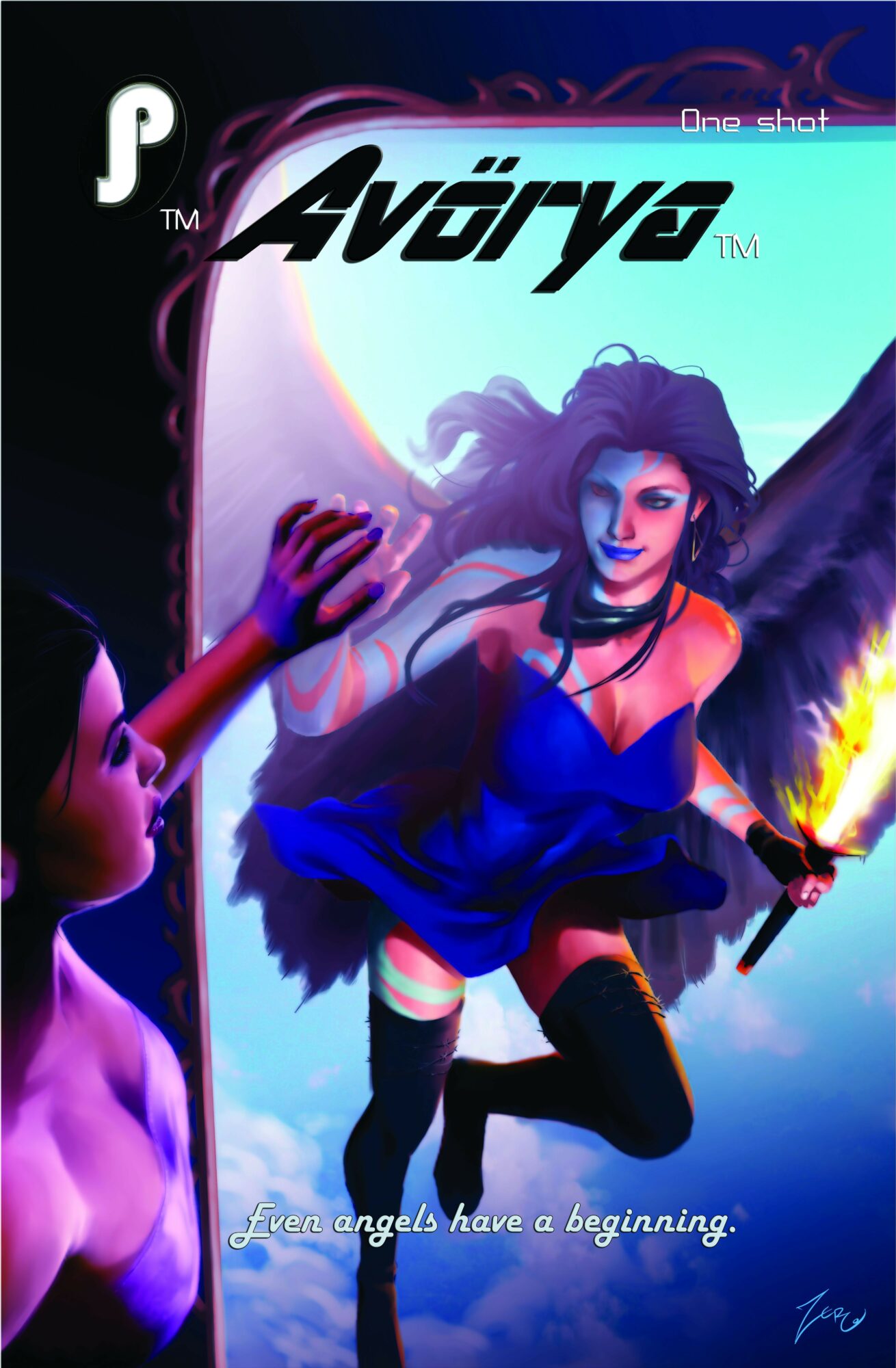 Fantasy-style illustration of a winged woman with a sword, with a person in the foreground, and a colorful background.
