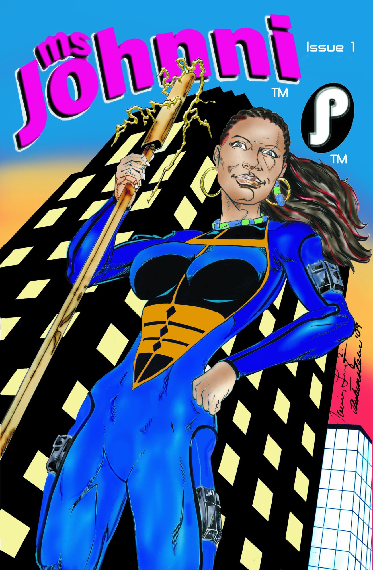 Comic book cover featuring a woman in a blue and black superhero costume holding a golden staff, with a cityscape background.