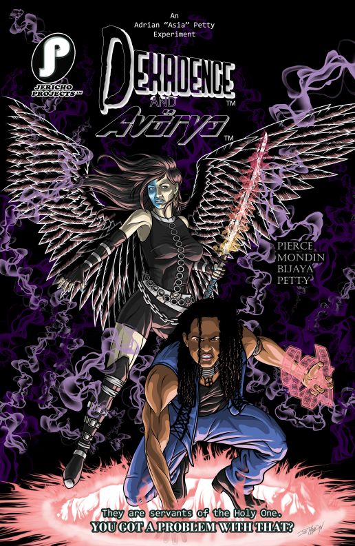 Comic book cover featuring a winged female character with a sword and a person with dreadlocks holding a gun, dark background.