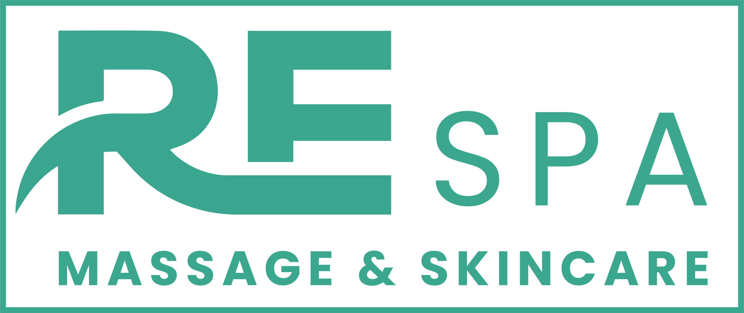 Logo for RE SPA Massage & Skincare with black background and teal text.