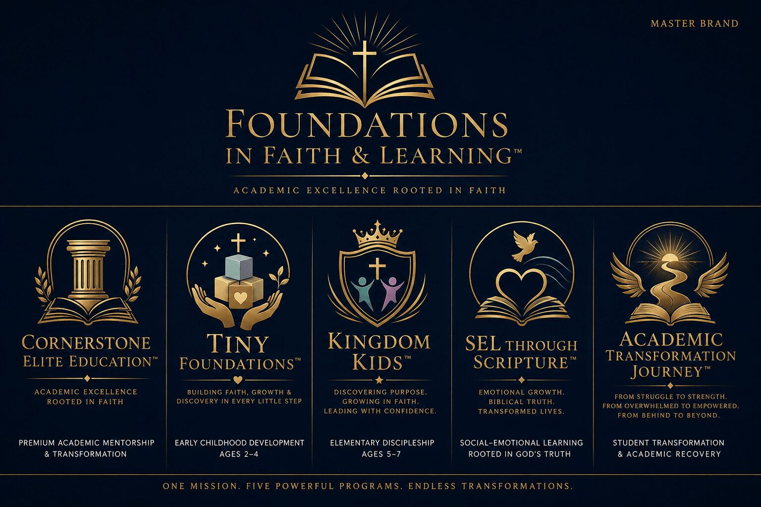 Logo with open book, gold text, and icons representing faith, learning, and achievement on a dark background.