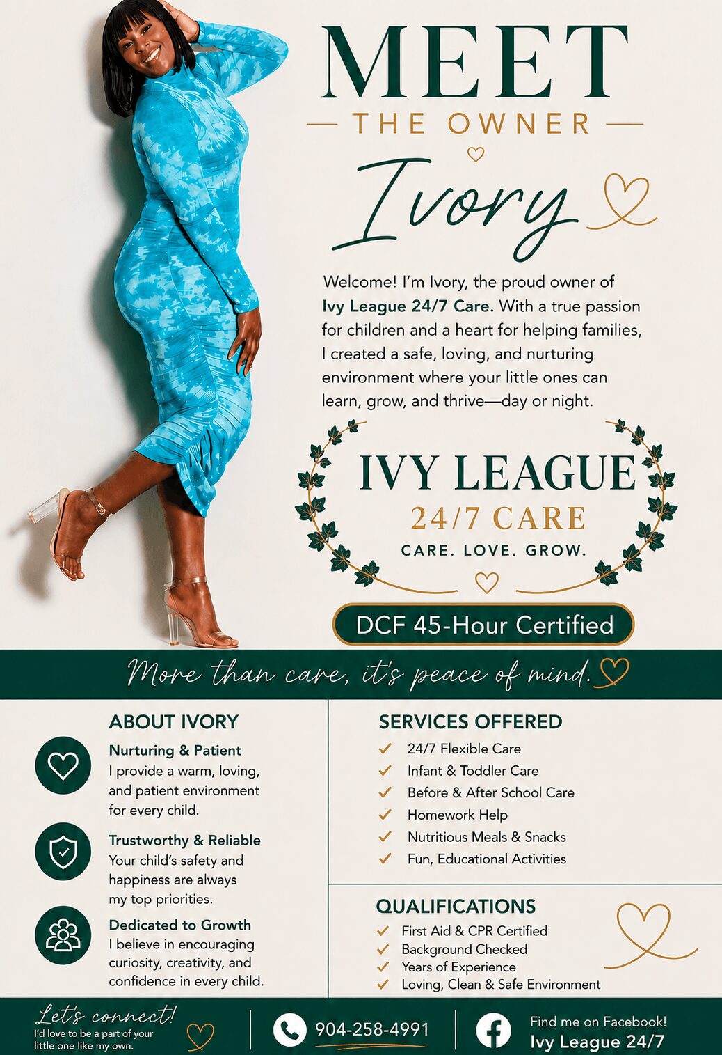 Woman in blue dress smiling, text about Ivory Ivy League owner, services, and certifications, with a heart and decorative elements.